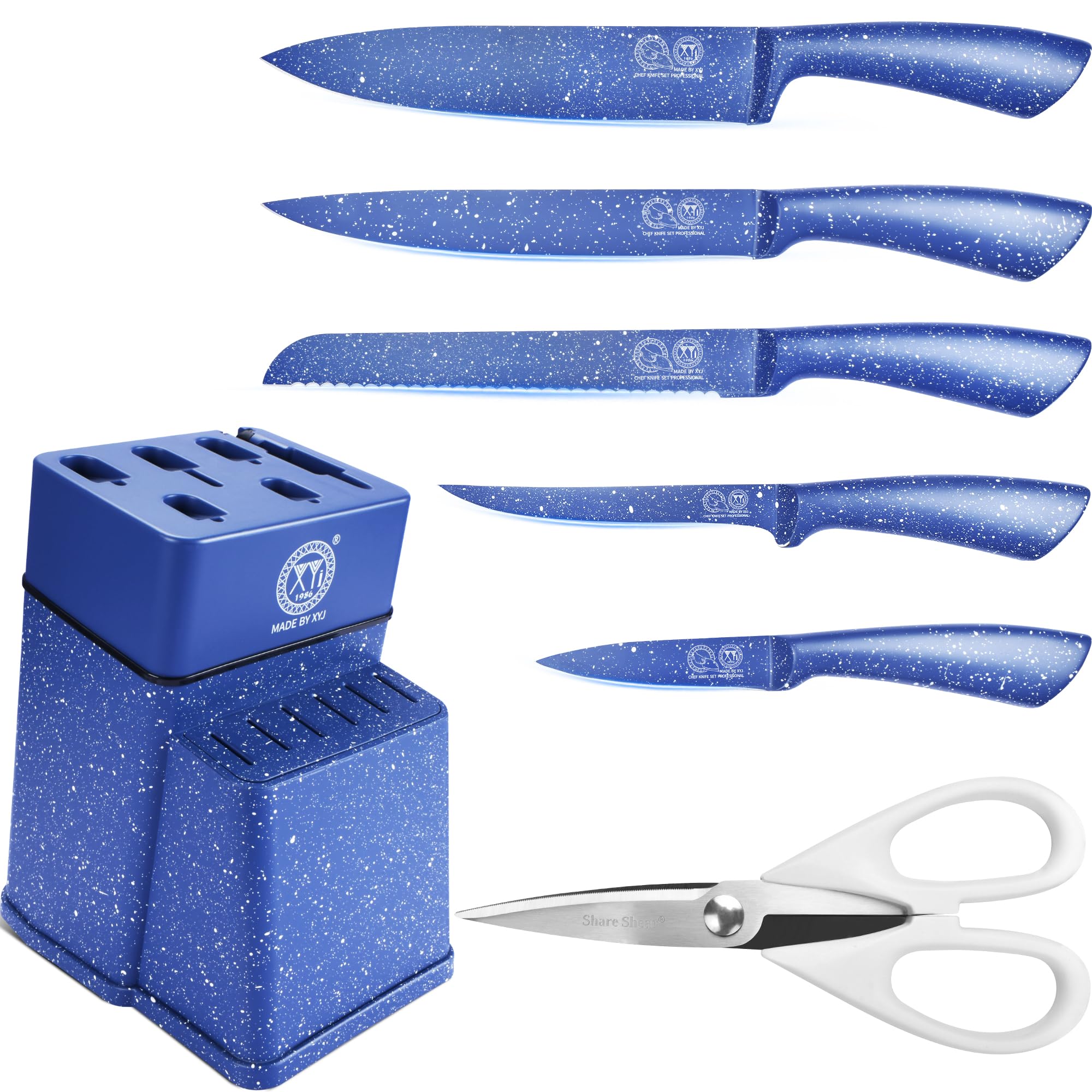 XYJ Authentic Since 1986 Kitchen Knife Block Set Stainless Steel Kitchen Knife Set With Knife Holder Blue Color
