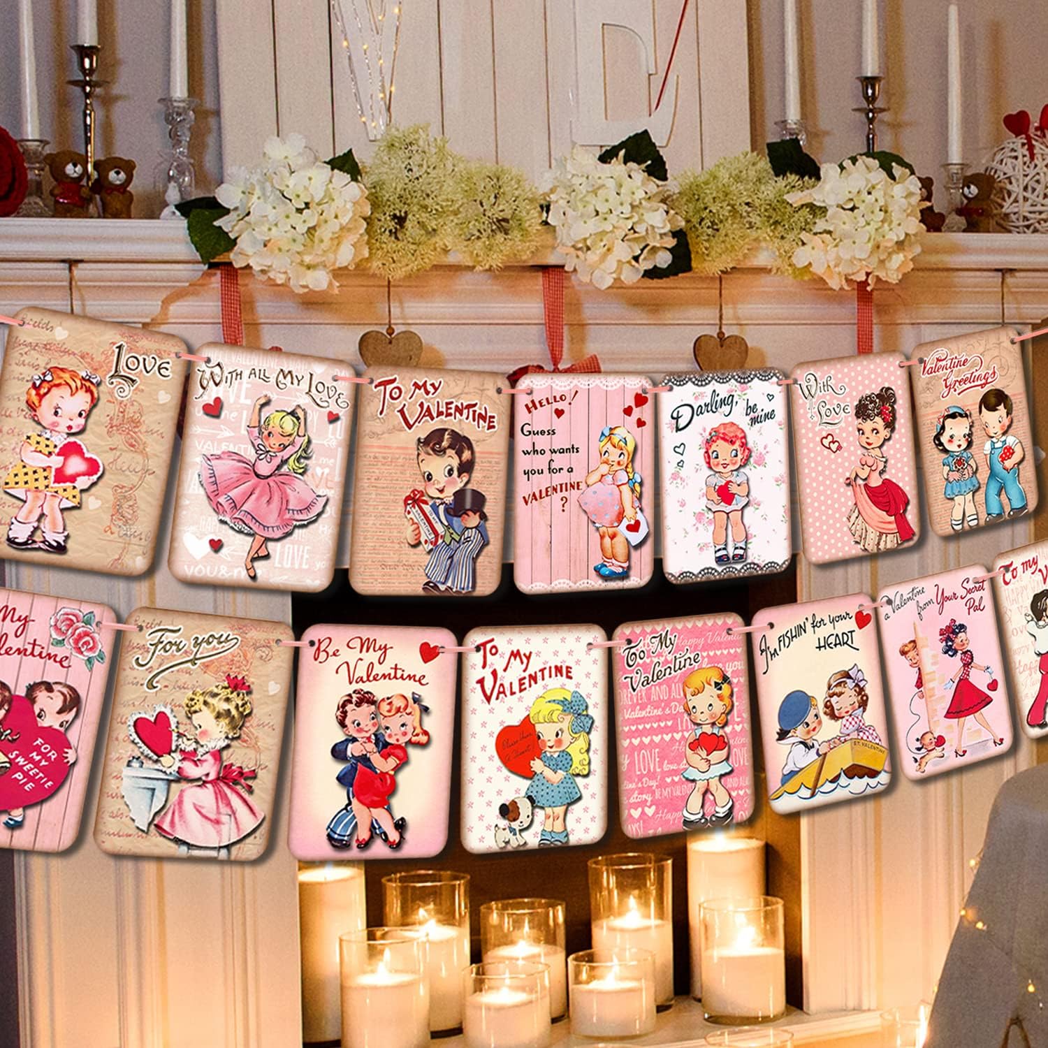 Vintage Valentine’s Day Banner Decoration-Pink Happy Valentine’s Day Hanging Garland Banner,Retro to My Valentine Banner for Valentine’s Day Anniversary Fireplace Window Decoration Party Supplies