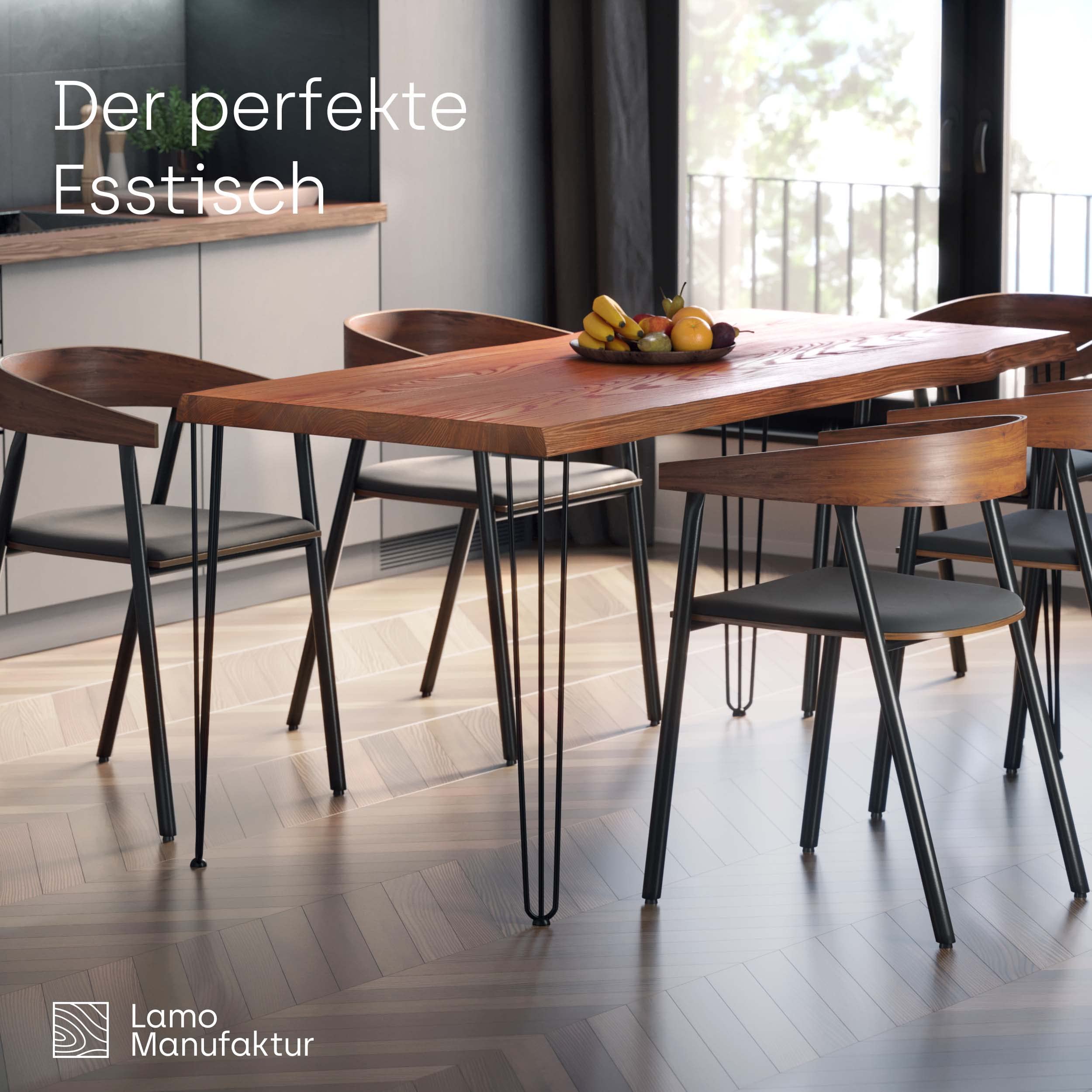 LAMO Manufaktur Esstisch Küchentisch Schreibtisch Couchtisch aus Massivholz, mit Baumkante 120x80x76 cm (AxBxH), Creative, Roh/Rohstahl mit Klarlack, LEB-01-A-001-0000Cr