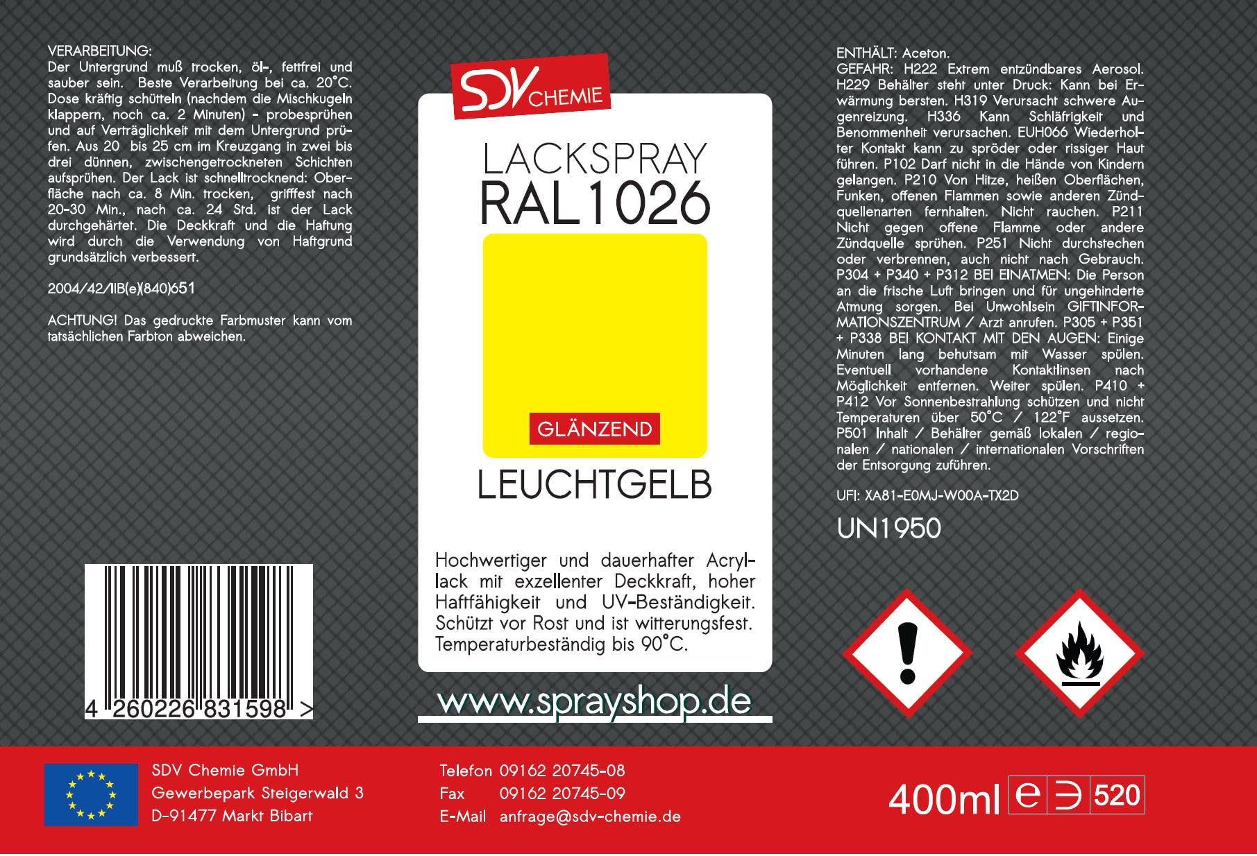 SDV Chemie Lackspray RAL 1026 LEUCHTGELB glänzend 12x 400ml Acryllack