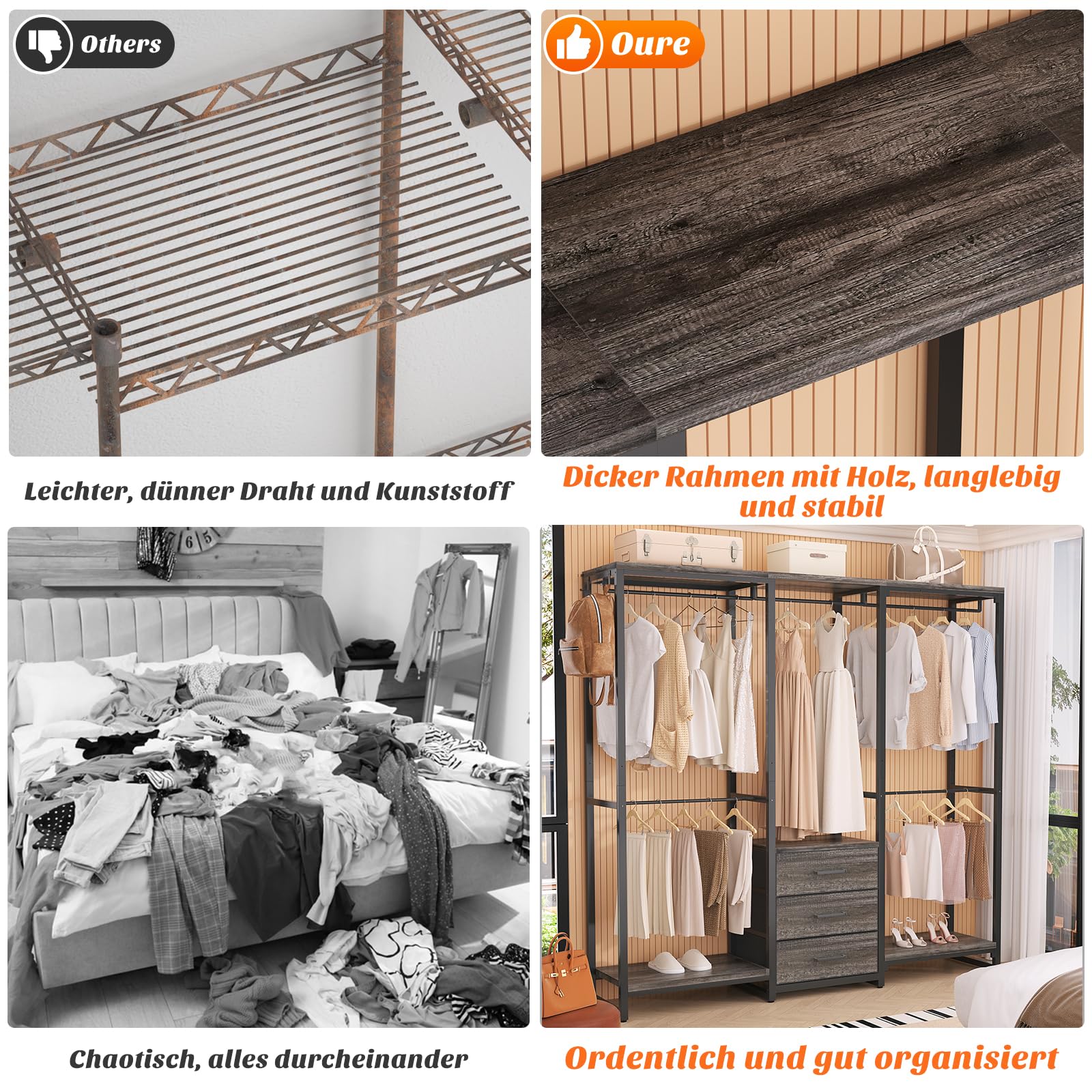 iSunirm Kleiderständer,Robuster Kleiderständer,Kleiderständer mit Schubladen,Freistehender Kleiderschrank,Eck-L-förmiges Schranksystem,Schwarze Eiche