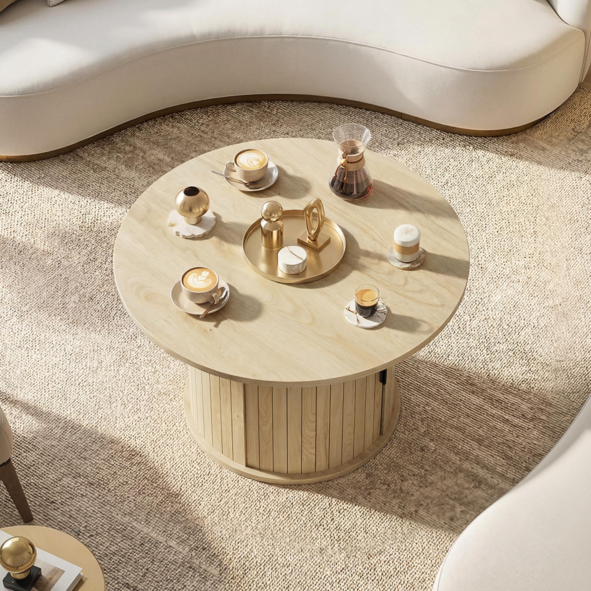 HOMCOM Table Basse Ronde, Table de Salon avec Rangement, Porte coulissante à Lattes, 2 étagères, Patins en Feutre, Style Moderne, pour Salon, Bureau, Ø 80 x 50 cm, Effet Bois Naturel