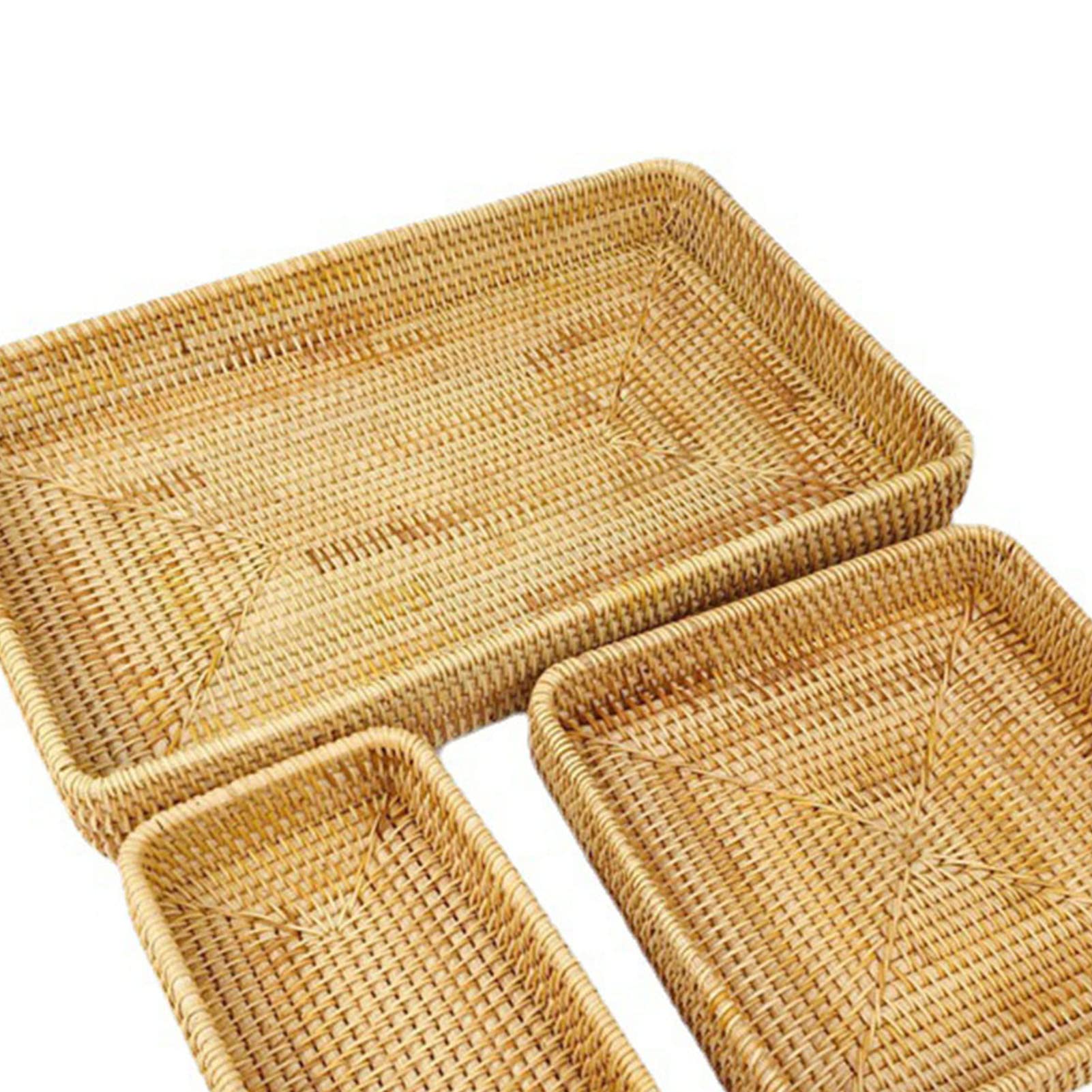 Juego de Bandejas de Ratán Tejidas a Mano, Cesta Multifuncional para Servir de 3 Piezas para Organización de Mesa, para Refrigerios, Pan y café, Bandejas Decorativas Livianas y Portátiles