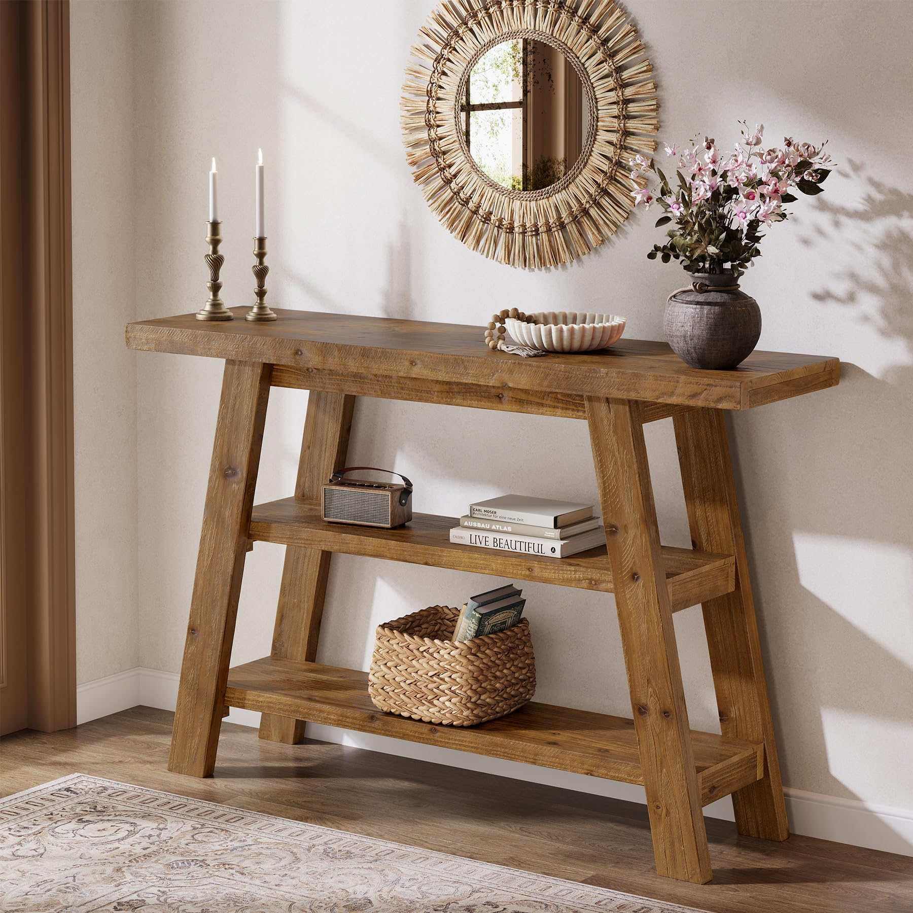 Massivholz-Konsolentisch, 120 cm langer Landhaus-Eingangstisch mit 3-stufigen Regalen, rechteckige Couch-Tische hinter dem Sofa, schmale Akzenttische für Flur, Eingang, Foyer, Wohnzimmer (Braun)