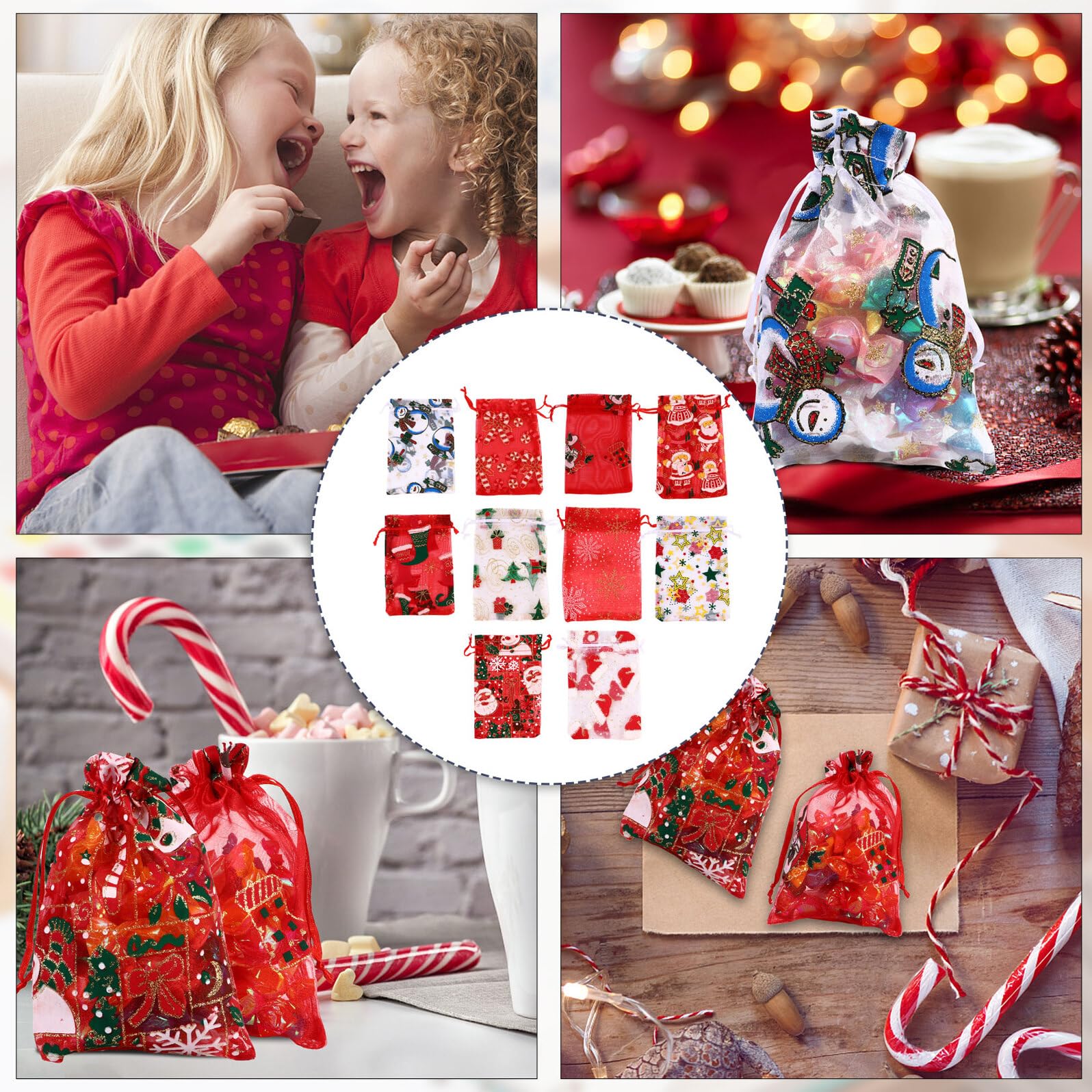 VILLCASE Sacchetti in Organza per Natale con Chiusura a Coulisse, 50 Pezzi, Design Variegato, Facile da Trasportare e Conservare, per Alberi di Natale e Festività Speciali