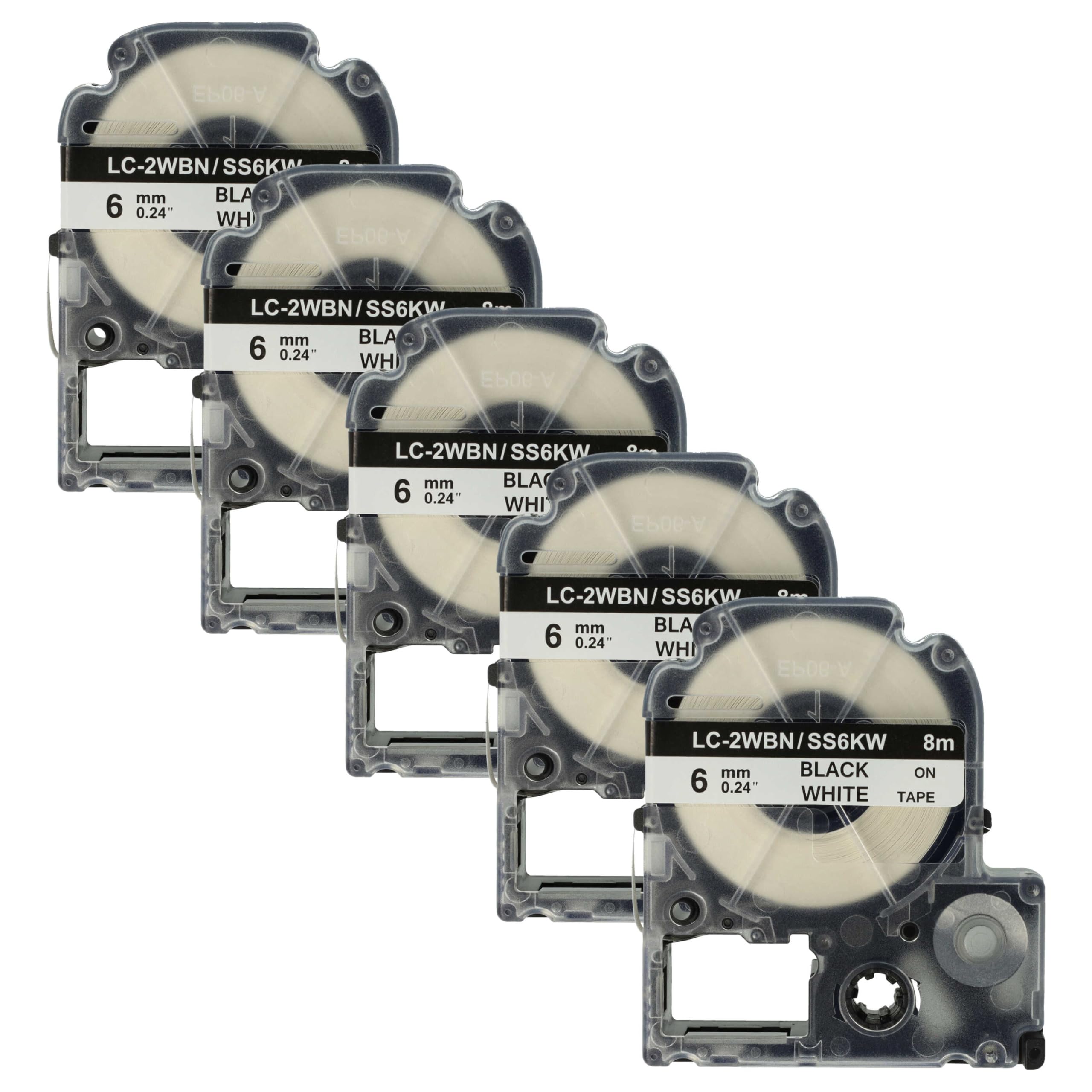 vhbw 5 x kaseta z taśmą do etykiet KingJim SS6KW do drukarki etykiet 8 m x 6 mm czarny na białym tle