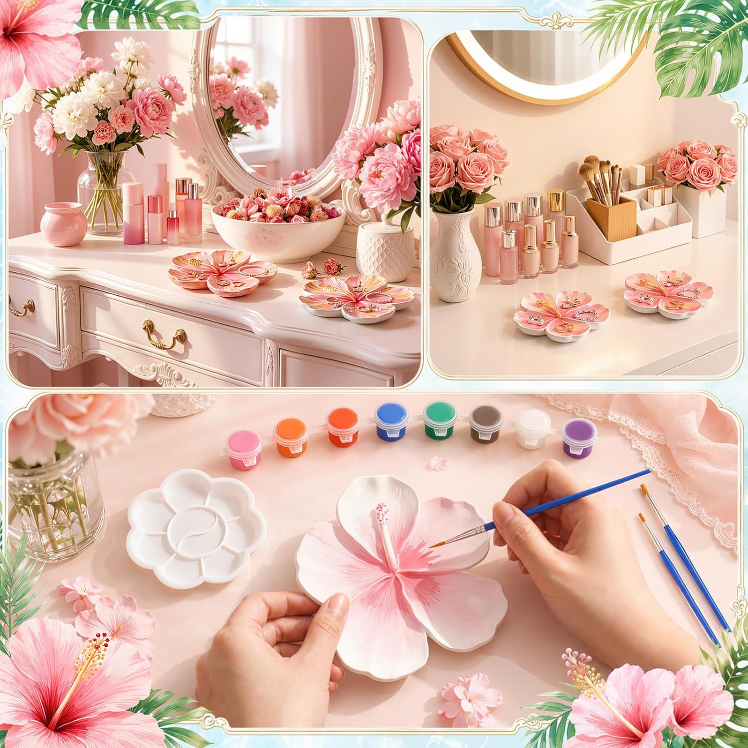 Zubebe 6 Set Ceramics to Paint Hibiscus Flower Jewelry Tray Kit Ready to Paint Ceramics Ring Dish Holder DIY Unpainted Plates Trinket Dish Tray Crafts with Brush Palette for Valentine Wedding