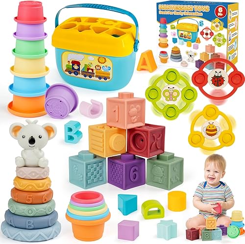 Juguetes Montessori para bebés de 6 a 12 a 18 meses con clasificador de formas sensoriales a juego, caja de juego apilable, anillos suaves, bloques