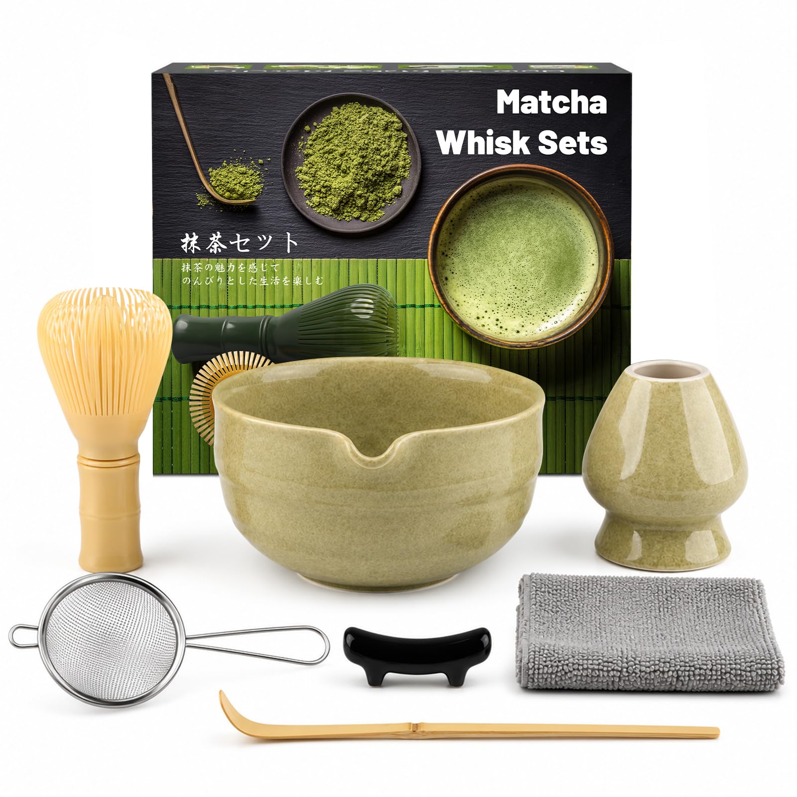 Lafefe Matcha Set, 7pcs Ceramic Matcha Kit with Spout Matcha Bowl, Yellow Matcha Whisk, Sieve, Holder & Spoon, Japanese Tea Ceremony Tools for Home Matcha Latte Making & Gift (Matcha Green)