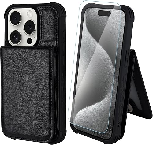 VANAVAGY Funda tipo cartera compatible con iPhone 15 Pro para mujeres y hombres con tarjetero de crédito, cierre magnético de piel RFID, funda para