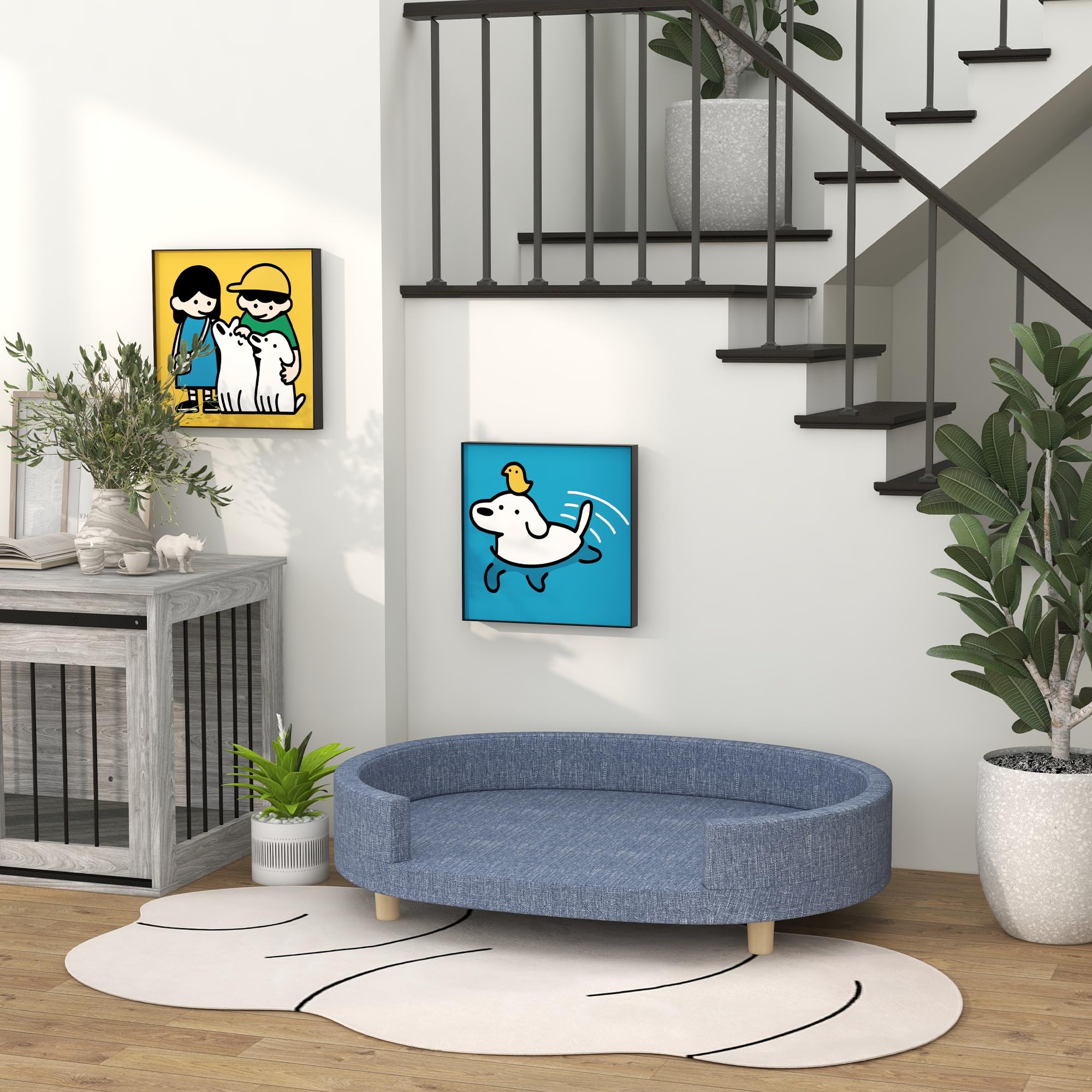 PawHut Sofá para Perros Grandes Sofá para Mascotas con Funda Lavable Cojín Desmontable y Patas de Madera de Pino Carga 30 kg para Interior 100x70x25 cm Azul