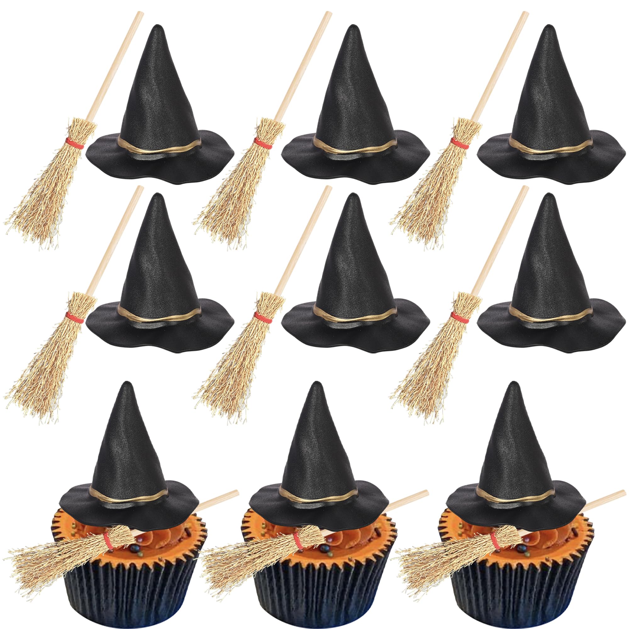 Xsstarmi 12 Pack Halloween Witch Theme Cupcake Toppers Broom Witch Hat Cupcake Picks for Witch Wizard Theme Birthday Halloween Party Cake Decorations Supplies