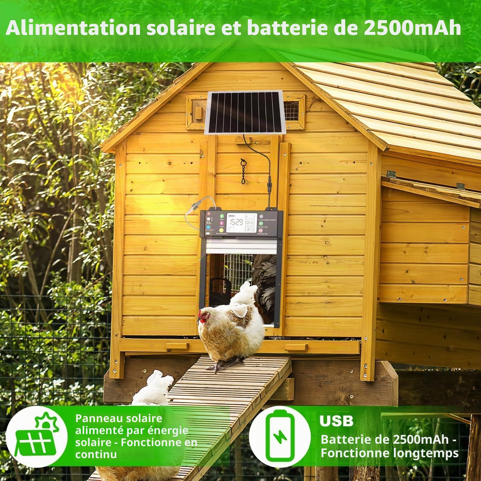 Shinmax Porte Automatique Solaire Intelligente pour Poulailler avec App WiFi 2,4 GHz, Capteur De Lumière, Minuterie, Anti-Pincement, Écran LCD, Batterie Rechargeable 4000mAh