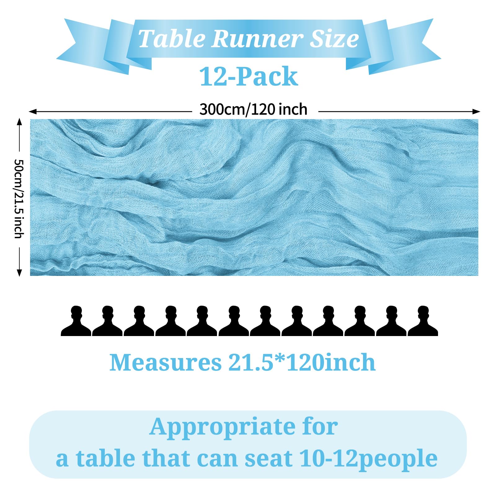 Lot de 12 chemins de table en étamine, style rustique, bohème, semi-transparents pour mariage, anniversaire, fête prénuptiale, 3 m x 304,8 cm, bleu clair
