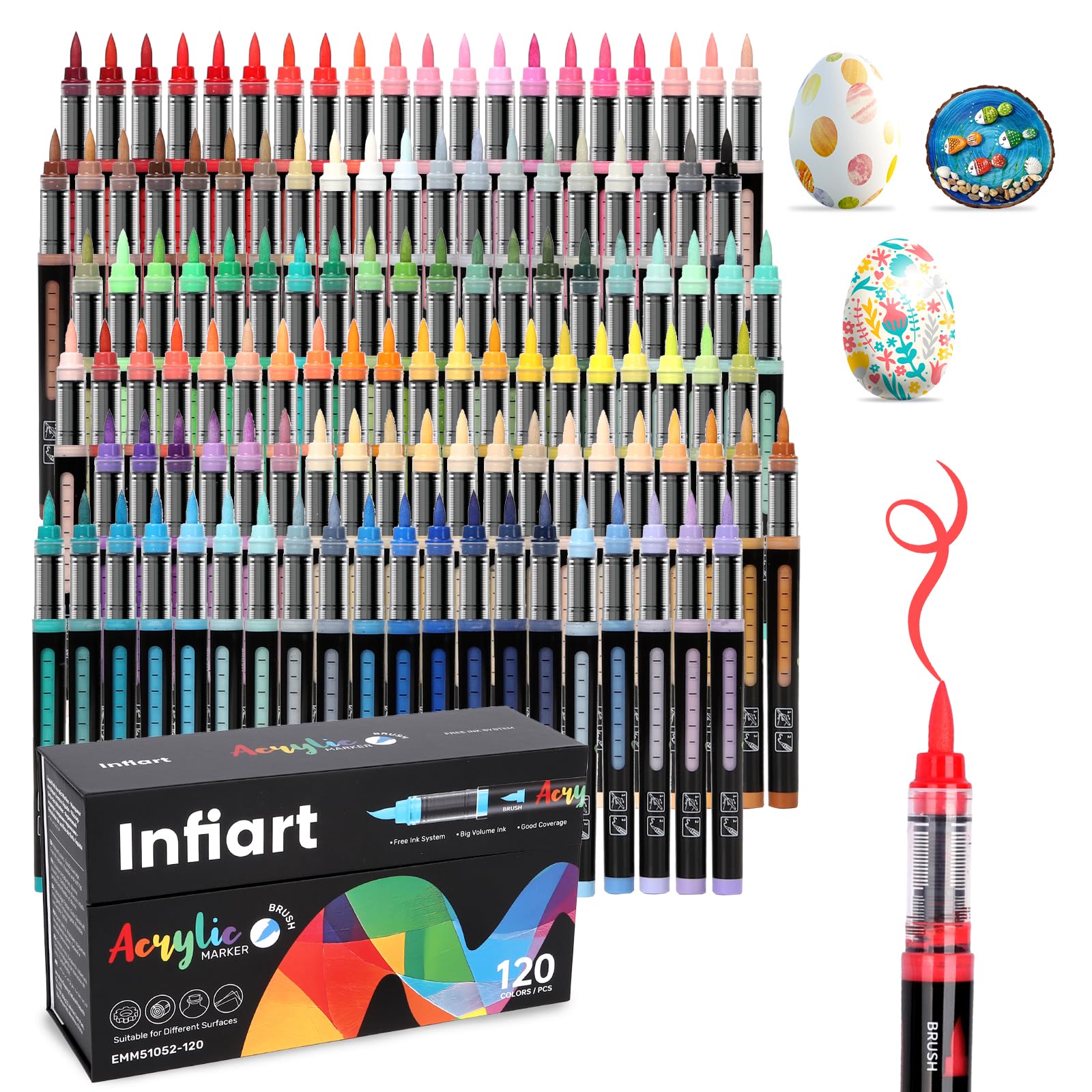 Infiart 120 Farben Acryl Marker Pinsel Spitze Automatische Tinte Steuerung Farbe Stifte Schnelltrocknen Acryl Marker Set für Weihnachten Dekorationen, Glas, Stein, Holz