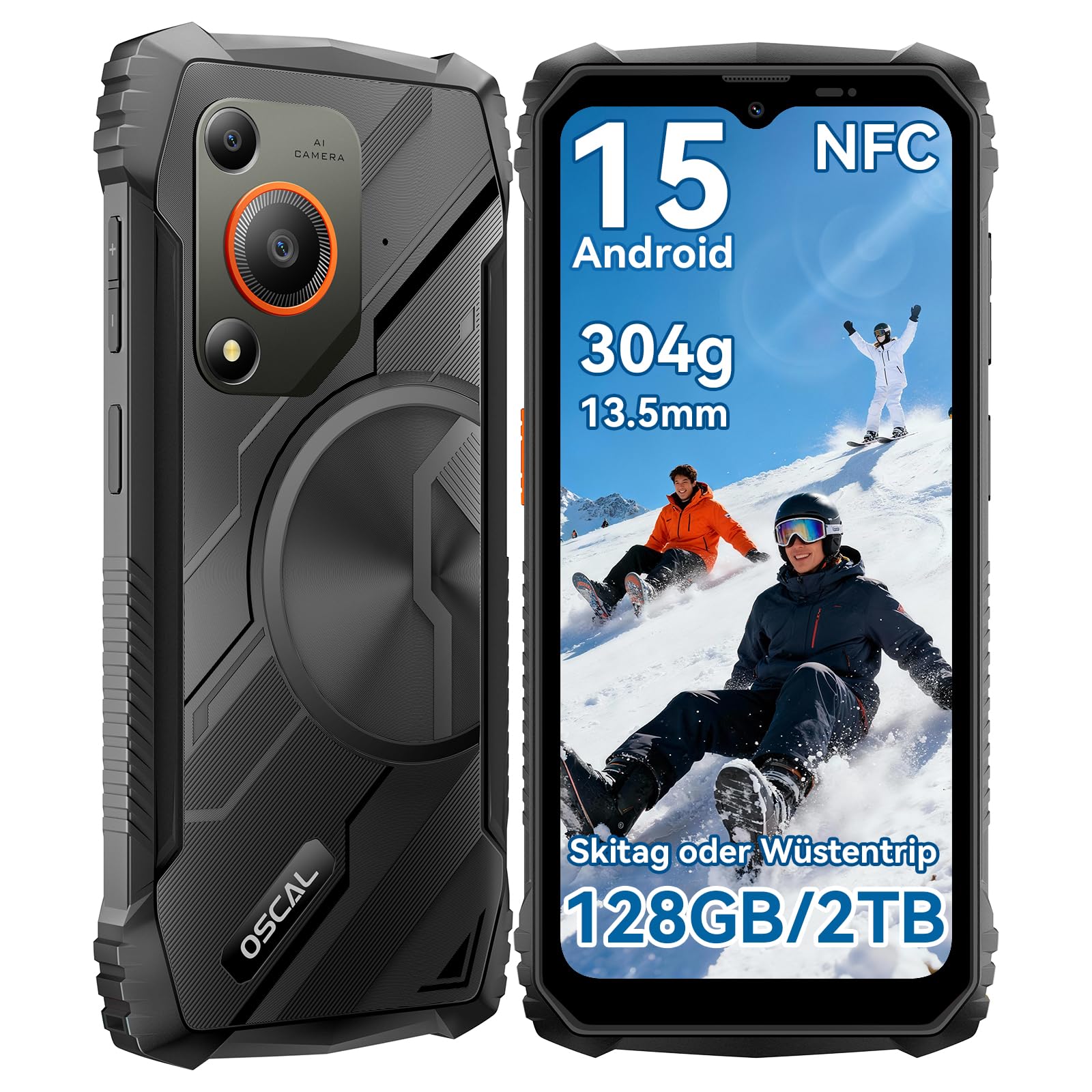 OSCAL Marine 1 Outdoor Handy Ohne Vertrag,12GB+128GB/2TB TF Outdoor Smartphone, Android15 Rugged Smartphone, 6.56" HD+ 90Hz, 16MP+8MP AI Kamera Baustellen Handy, Dual SIM/Face ID/GPS/NFC/IP68/I69K