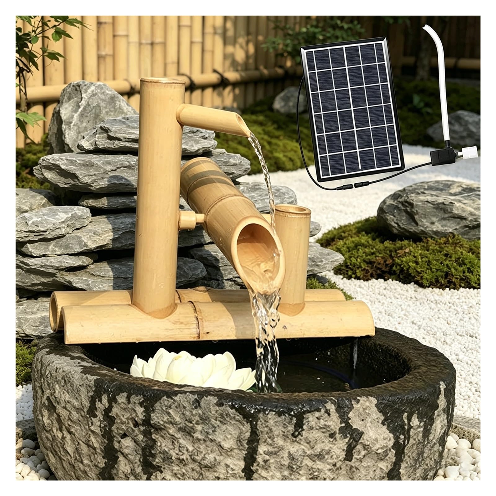 Fontana dell'acqua del bambù alimentata a energia solare, Decorazione del giardino Zen a roccia artigianale, caratteristica dell'acqua interna esterna ecologica con pompa, flusso calmante per il balco