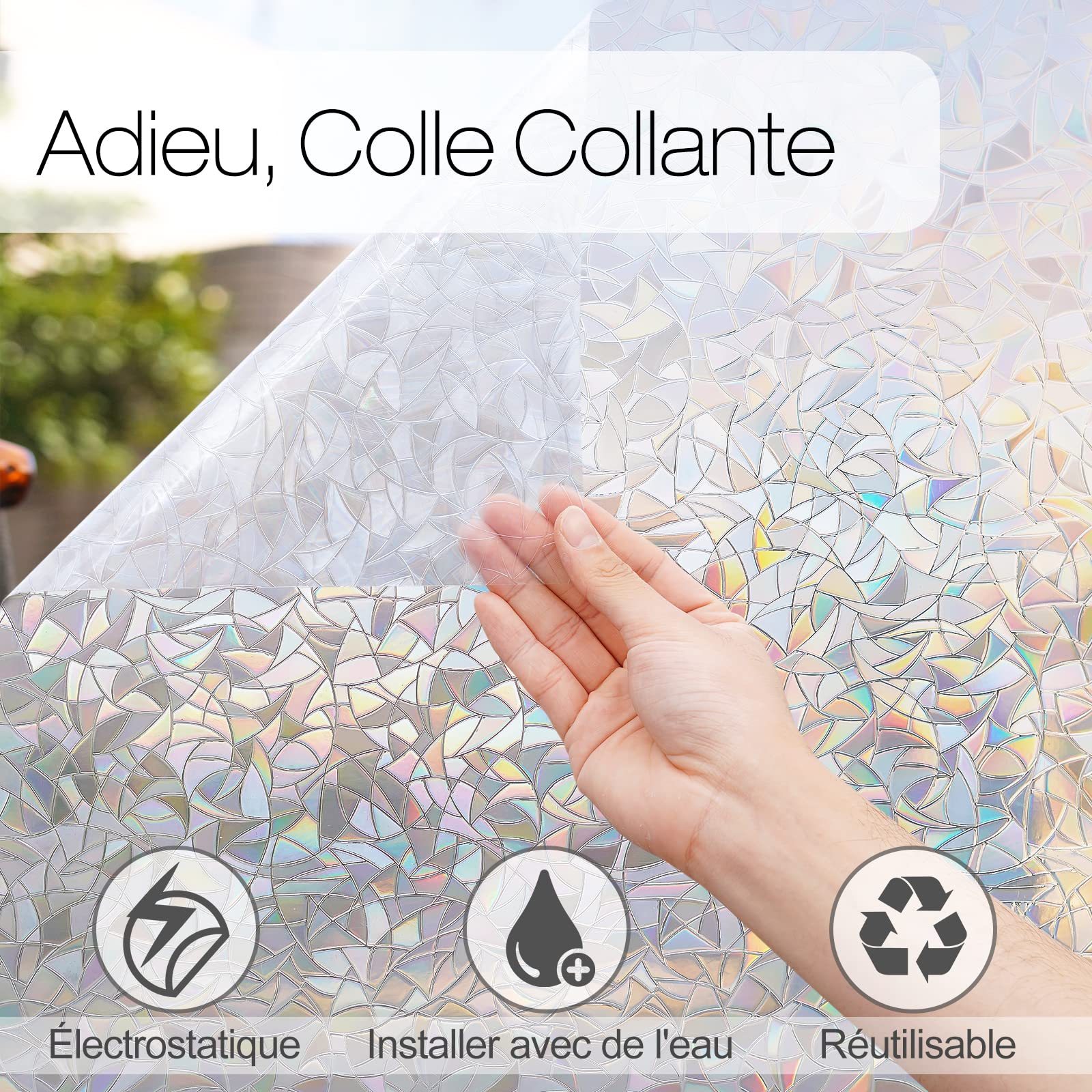 rabbitgoo Film Fenetre Anti Regard Arc-en-Ciel 90x400cm, 3D Vitrail | Film Electrostatique Vitre Occultant, Réutilisable, Anti UV, Brise Vue Fenetre Décoratif pour Salon Cuisine Porte Coulissante