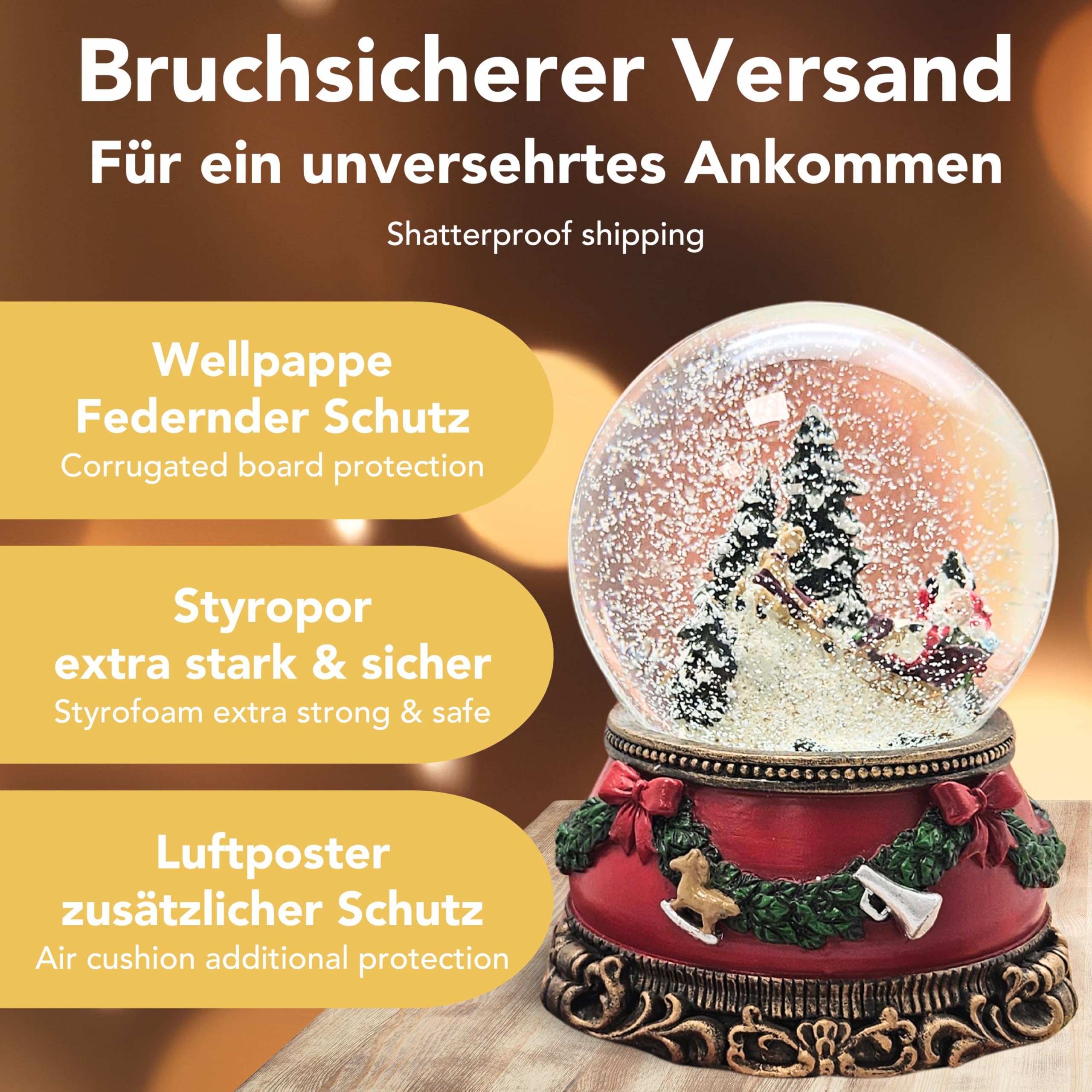 Schneekugel Weihnachten Spieluhr | Santa im Schlitten | Sockel Weihnachten rot Tannengirlande | mit Musik | Schüttelkugel Weihnachtsdekoration | B: 10 cm H: 14 cm | 20276