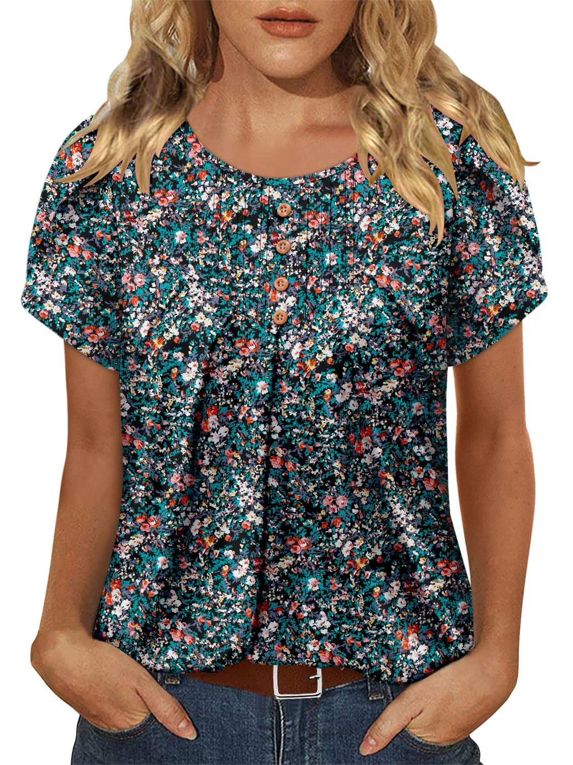 BETTE BOUTIK Womens Crewneck Short Sleeve Summer Tops Pleated Tunic Shirts S-3XL