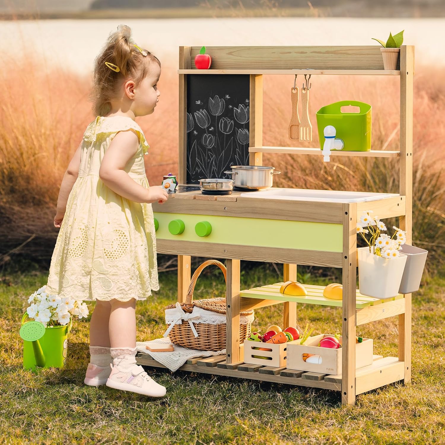 Giant bean Mud Kitchen Playset for Kids, Deluxe Wooden Toy Play Kitchen Set for Boys and Girls Ages 3-8 Indoor & Outdoor Activities, with Sand and Water Sink, Cookware Pots
