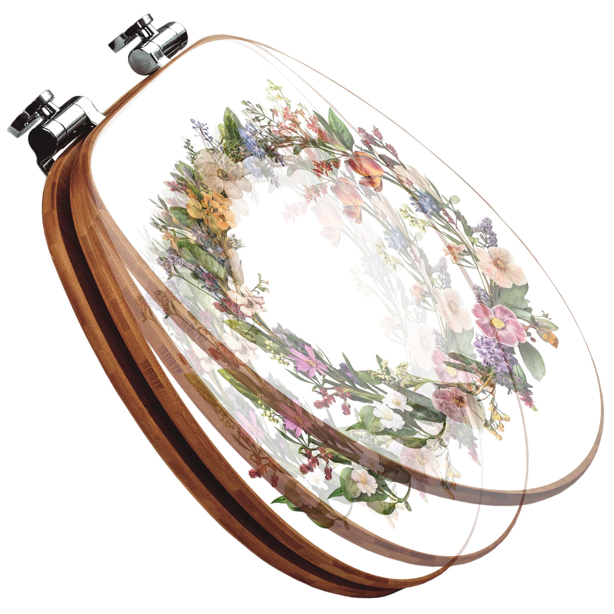 banjado Design WC Sitz Bambus Absenkautomatik 45,8x37,5cm - Toilettendeckel mit Absenkautomatik Holz - hochwertiger Bambus Klodeckel - WC-Sitz für gängigen Toiletten - Motiv Blumenkranz der Jahreszeit