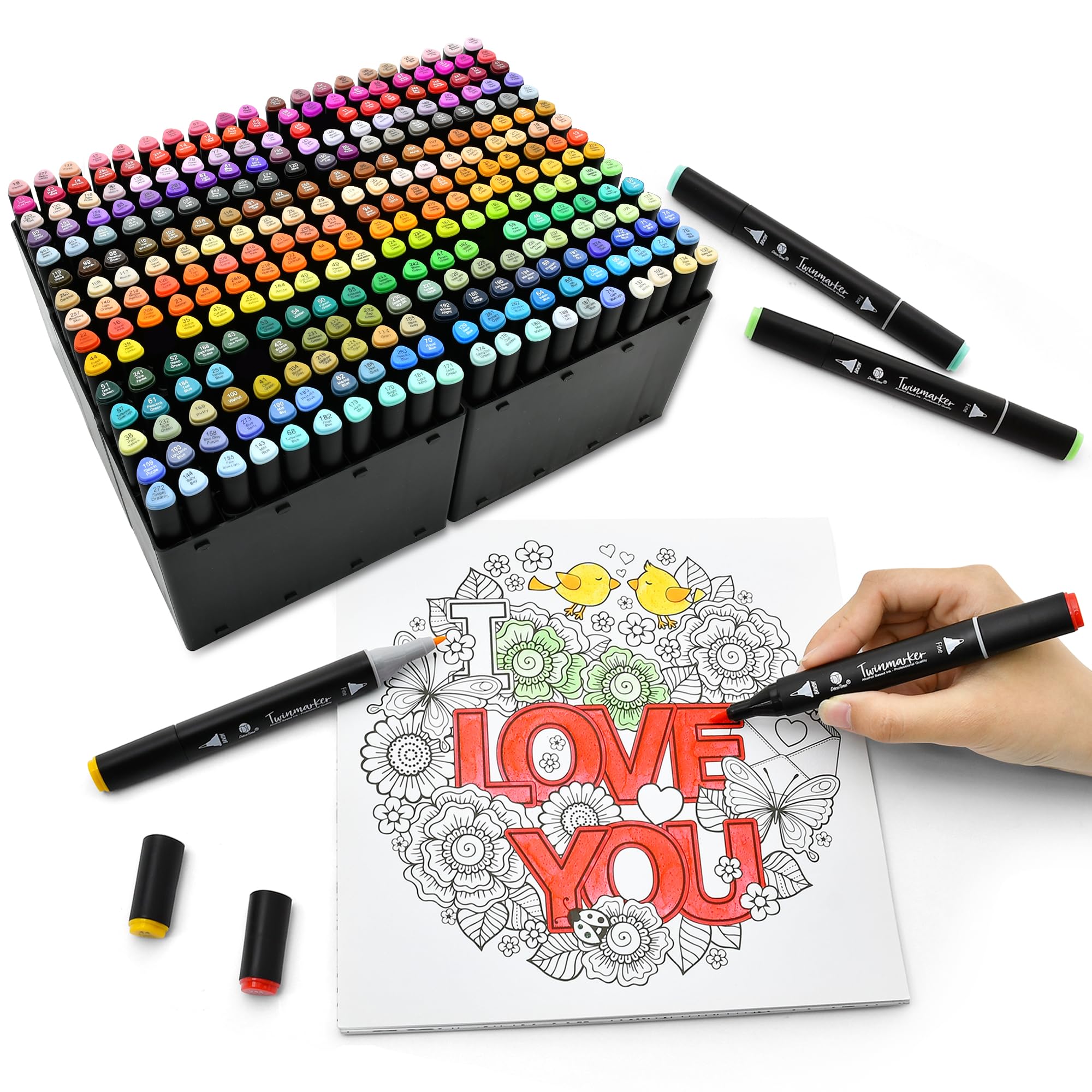 Decotime Twin Alkohol-Marker-Set & stapelbare Ablage & Etui Aufbewahrung – 300 feine und Pinselstifte auf Alkoholbasis – farbige Marker für Erwachsene, Kinder, professionelle Künstler zum Ausmalen und