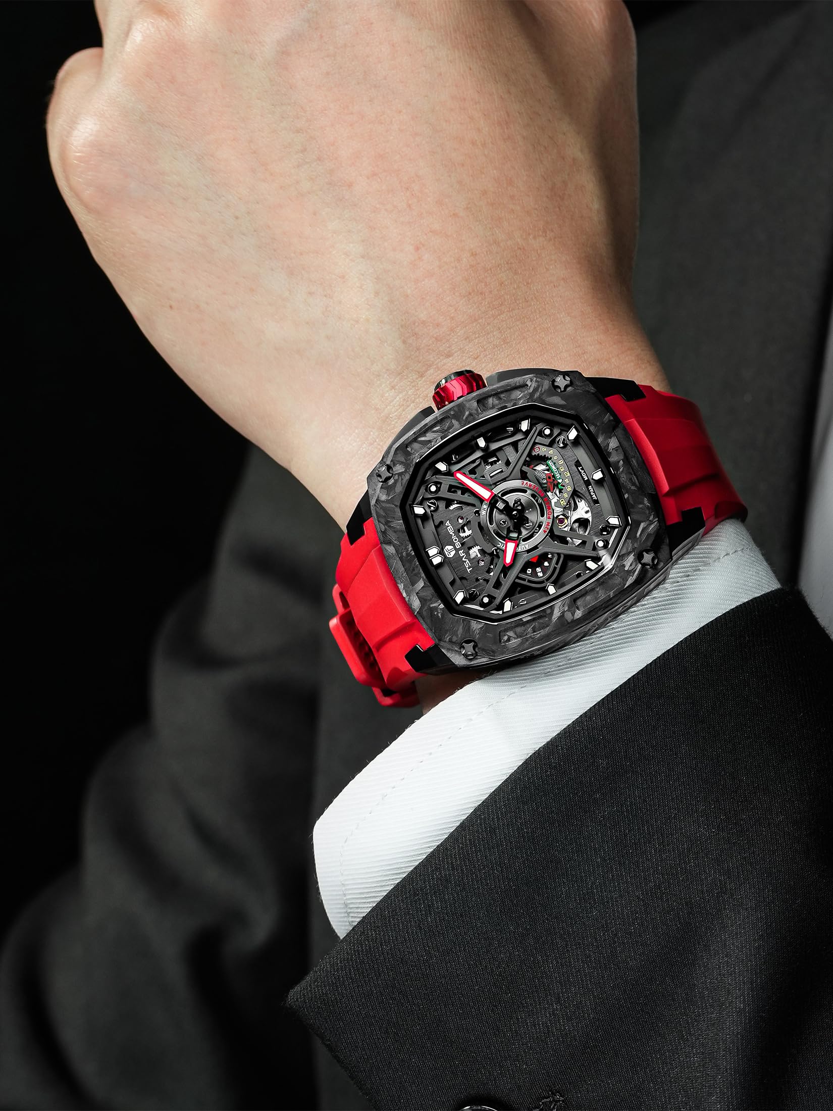 TSAR BOMBA Automatik-Herrenuhr Uhren Herren Saphirglas Karbon-Gehäuse | Japanisches Uhrwerk,sportlich-elegant für Business & Freizeit,bequemes Kautschukband,luxuriöses Design Rot