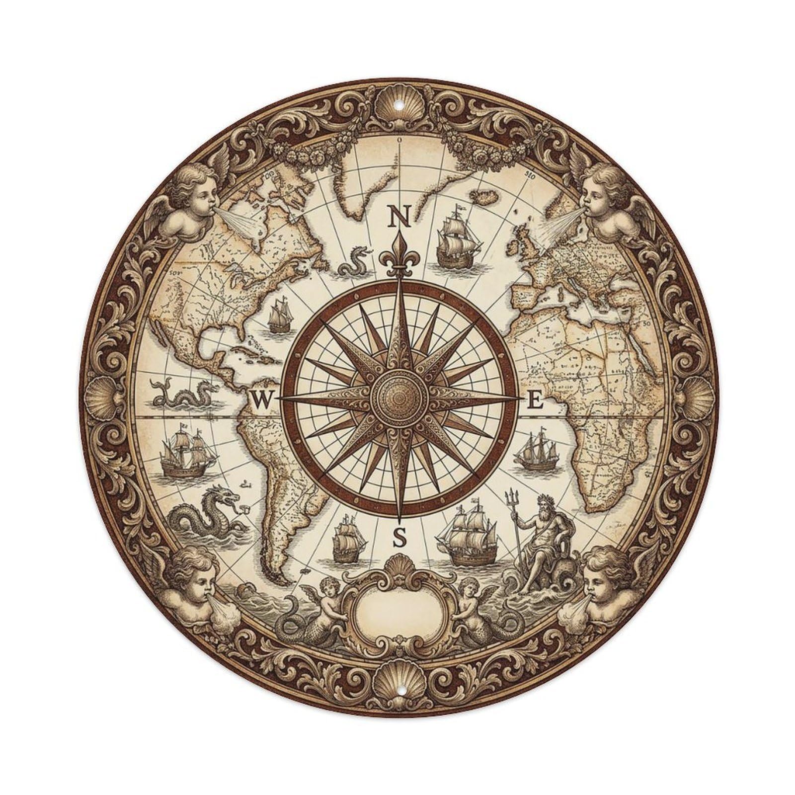 Vintage Nautical Compass World Map Wanderlust Spirit Metal Tin Sign