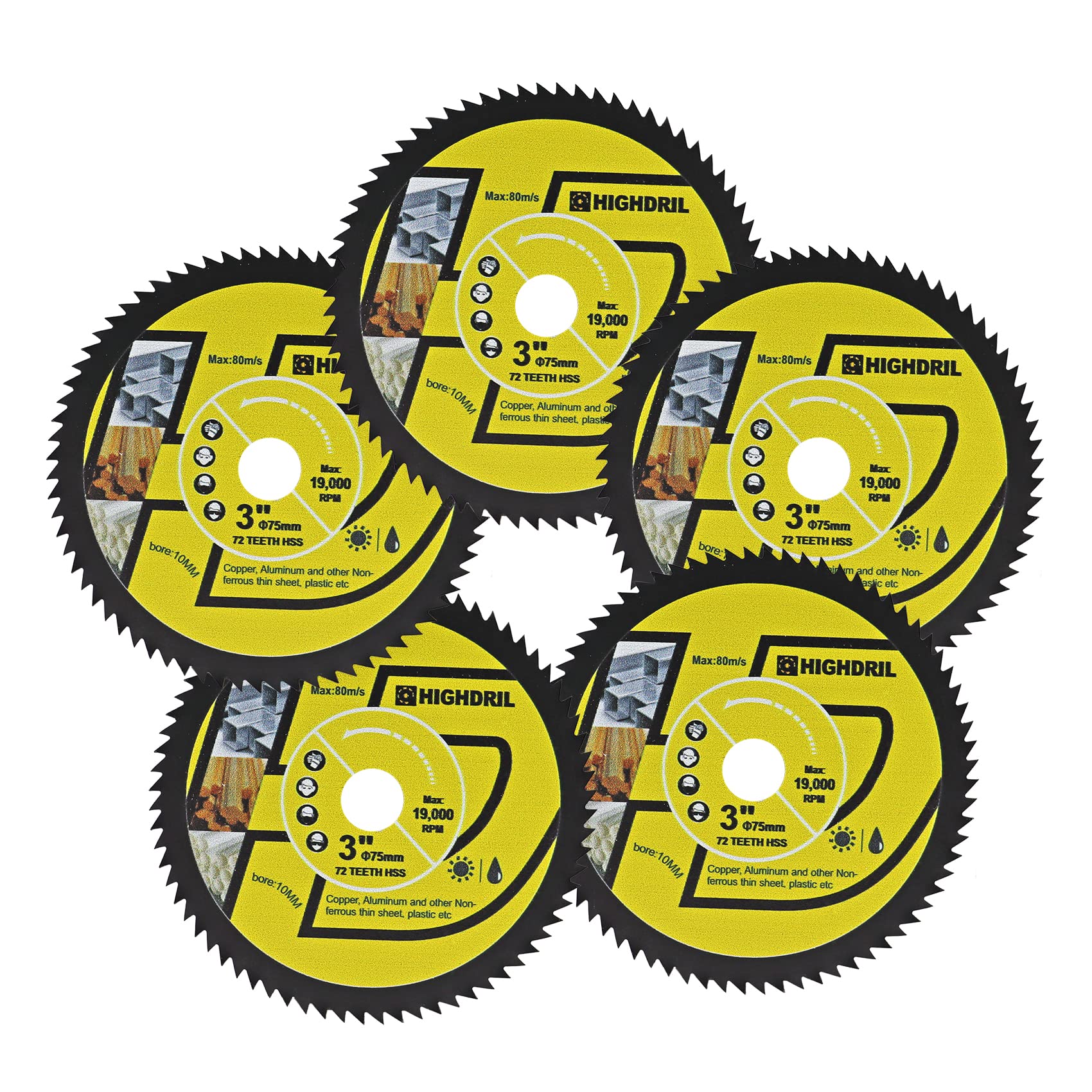 HIGHDRIL HSS Circular Cutting Disc - 5PCS 75mm/3inch 72T 10mm Bore Cutting Discs for Wood, Copper, Aluminum, Plastic and Soft Metal