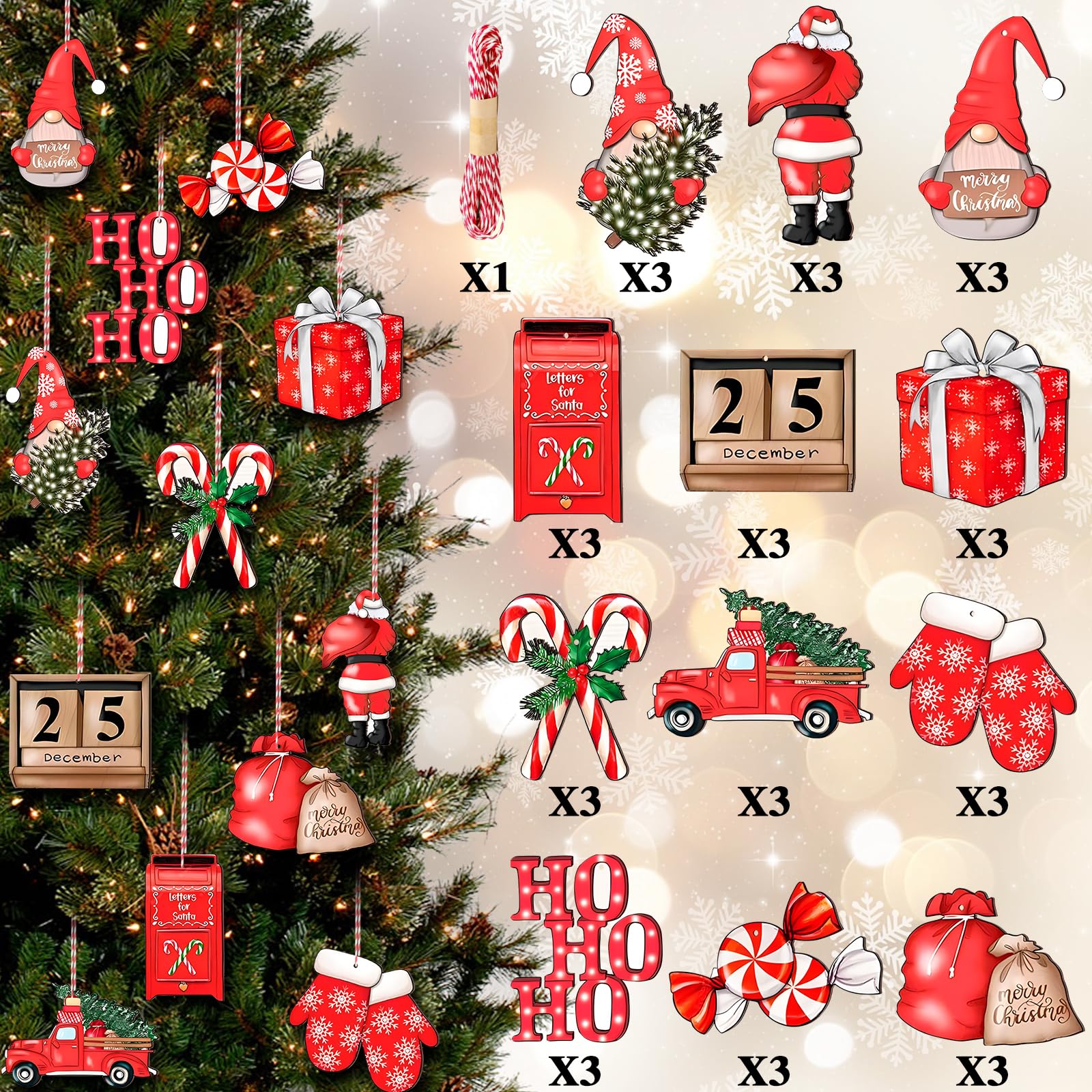36 Piezas Decoracion Adornos Arbol Navidad,Caramelos Navidad,Papa Noel Colgante,Mini Decoracion Navidad Hogar de Madera,Adornos Navideños para Niños, Fiesta Festiva en Casa
