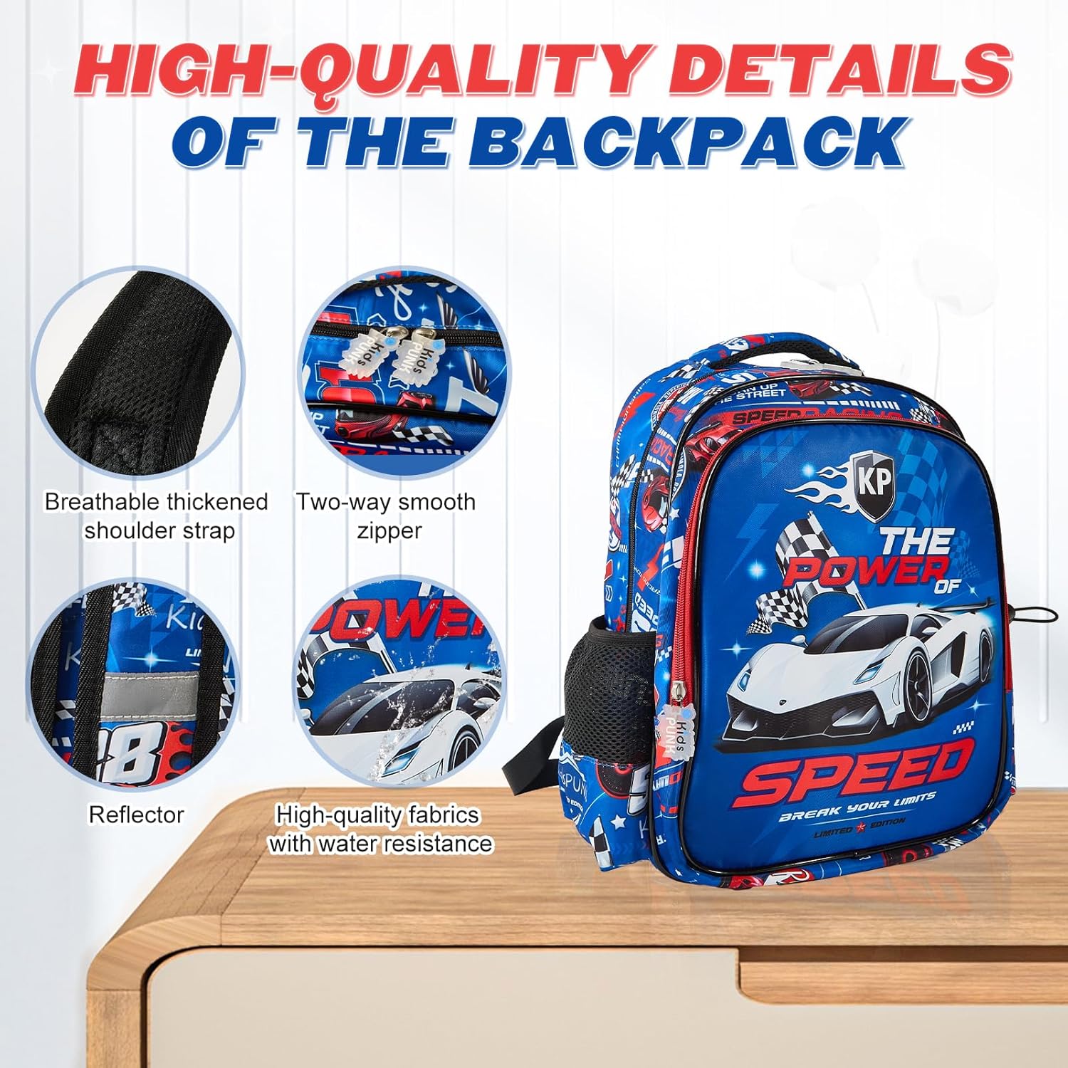 Boys Backpack Cute Cool Race Car Backpack for Boys Kids Kawaii Backpack for Preschool Elementary Kindergarten,Blue Color.Large Capacity.16 Inch - Image 4