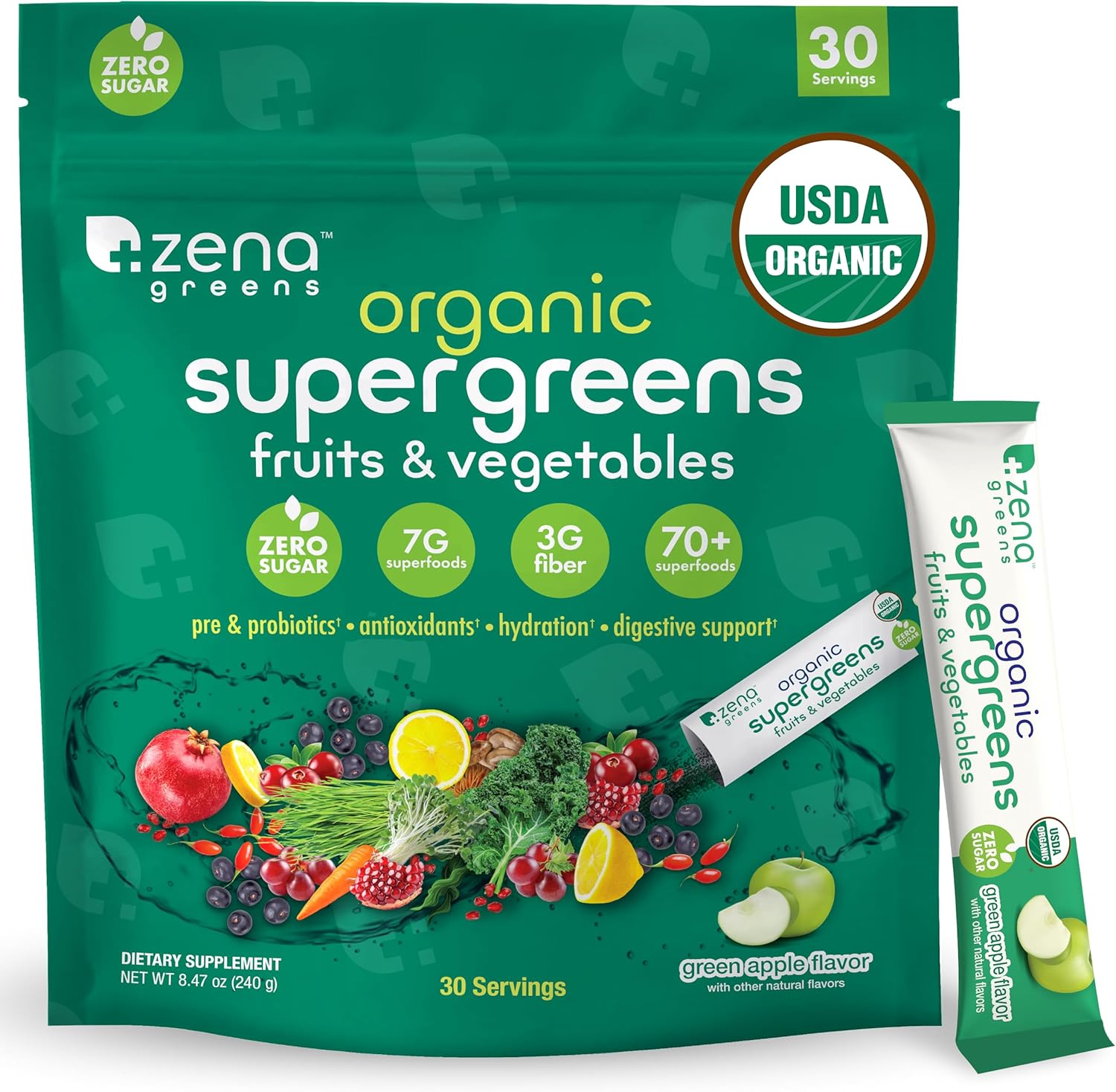 Zena Organic Super Greens Powder, 70+ Superfoods Drink Mix