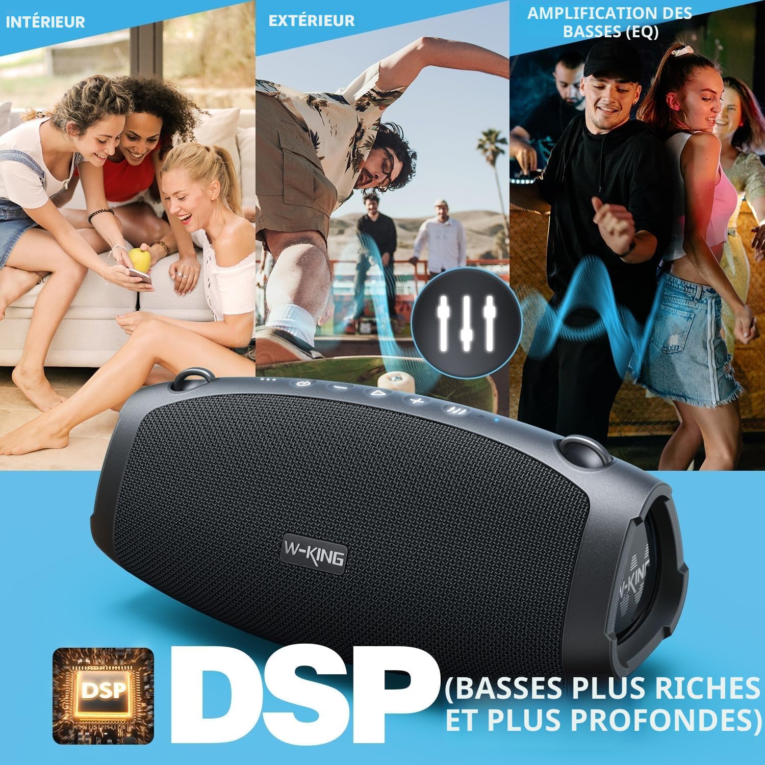 W-KING (120W Max)70W Enceinte Bluetooth Puissante, IPX6 Haut-Parleur Chantier Extérieur étanche Bluetooth Speaker,Triple Radiateurs Passifs- Basses Profondes, Power Bank/DSP/EQ/TF/AUX/42H/Ouvreur(X10)
