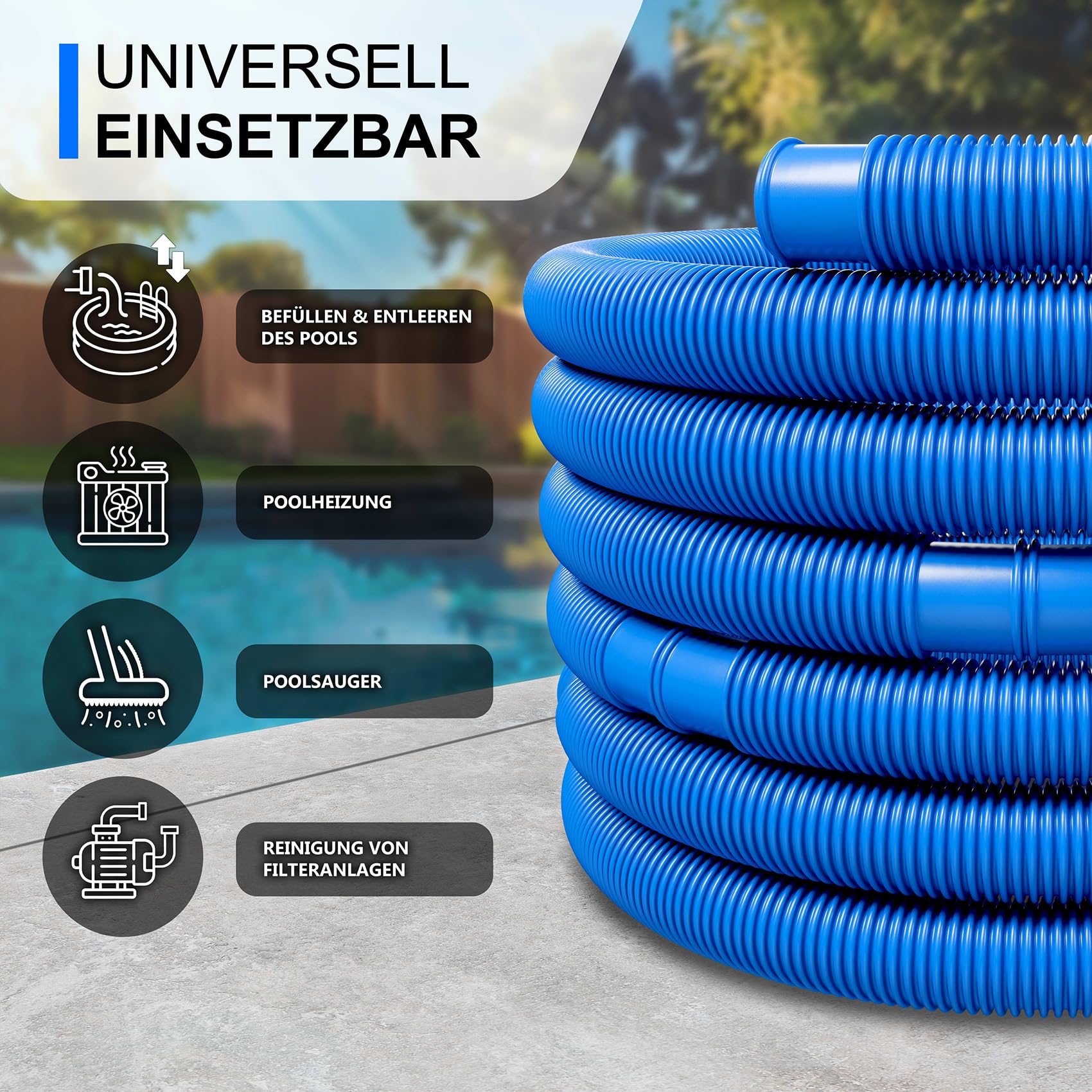 Schwimmbadschlauch Ø 32mm Saugschlauch Poolschlauch Solarschlauch Pumpenschlauch mit Muffen Made in Germany (18 m, Blau)