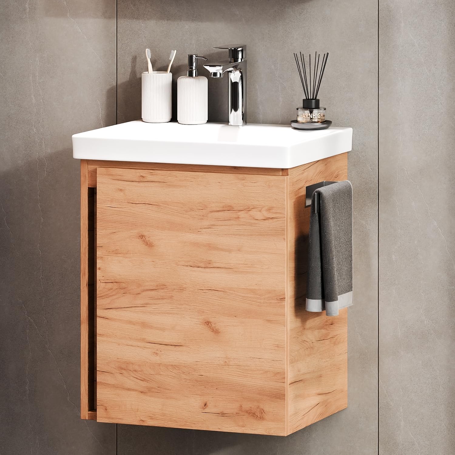 Planetmöbel lavabo con mobiletto 50 cm, mobile lavabo sospeso, chiusura ammortizzata, set di mobili da bagno, rovere oro