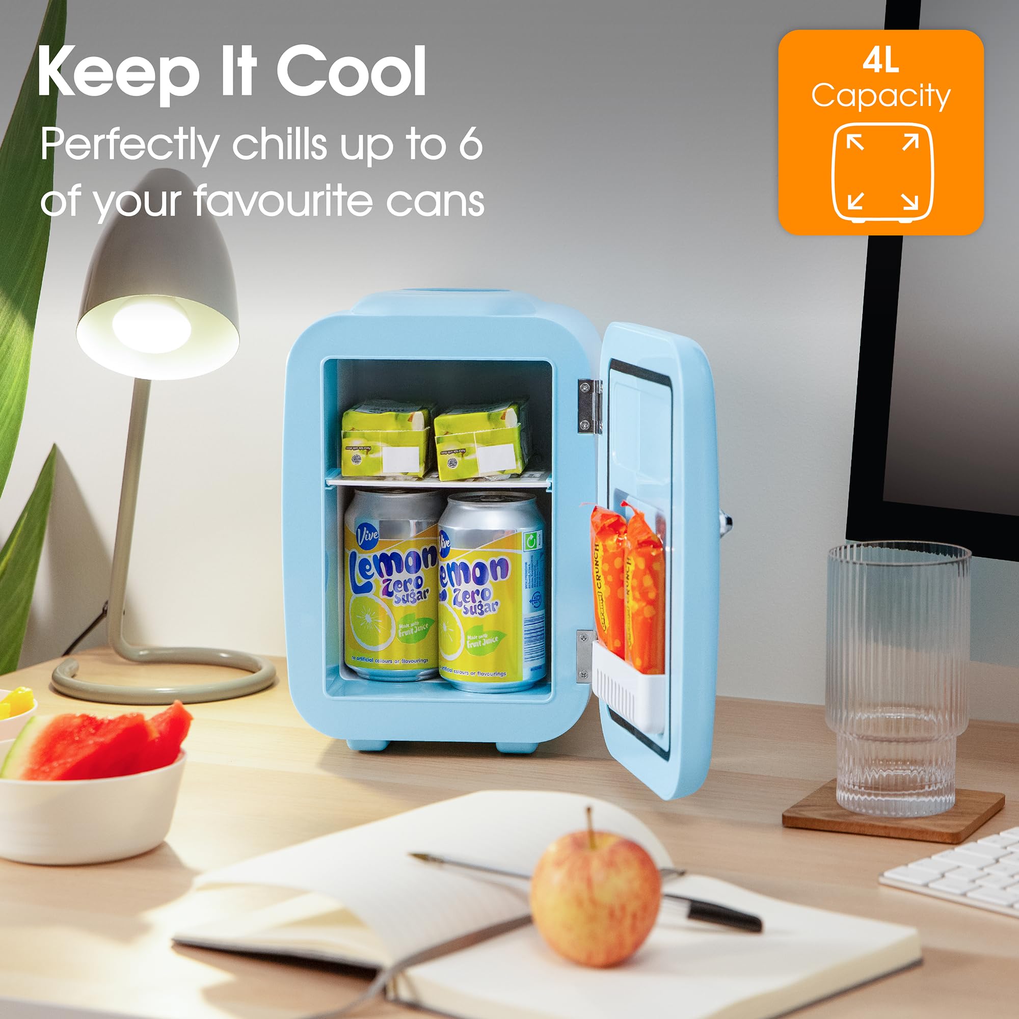 Abode Blue Mini Fridge A4CLR201BL 4L/6 Can Portable Thermoelectric Mini Cooler & Warmer for Drinks, Cosmetics/Makeup/Skincare, AC/DC Power, Retro Style, For Bedroom, Home, Caravan, Car — view 9