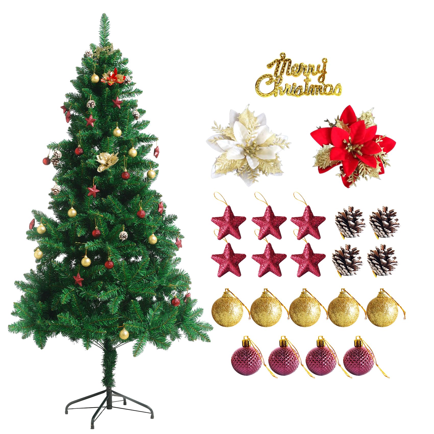 6ft Green Artificial Christmas Tree, Christmas Pine Tree for Home Party Christmas Decorations with 600 Branches and Two-Color Decorative Flowers Decorative Balls
