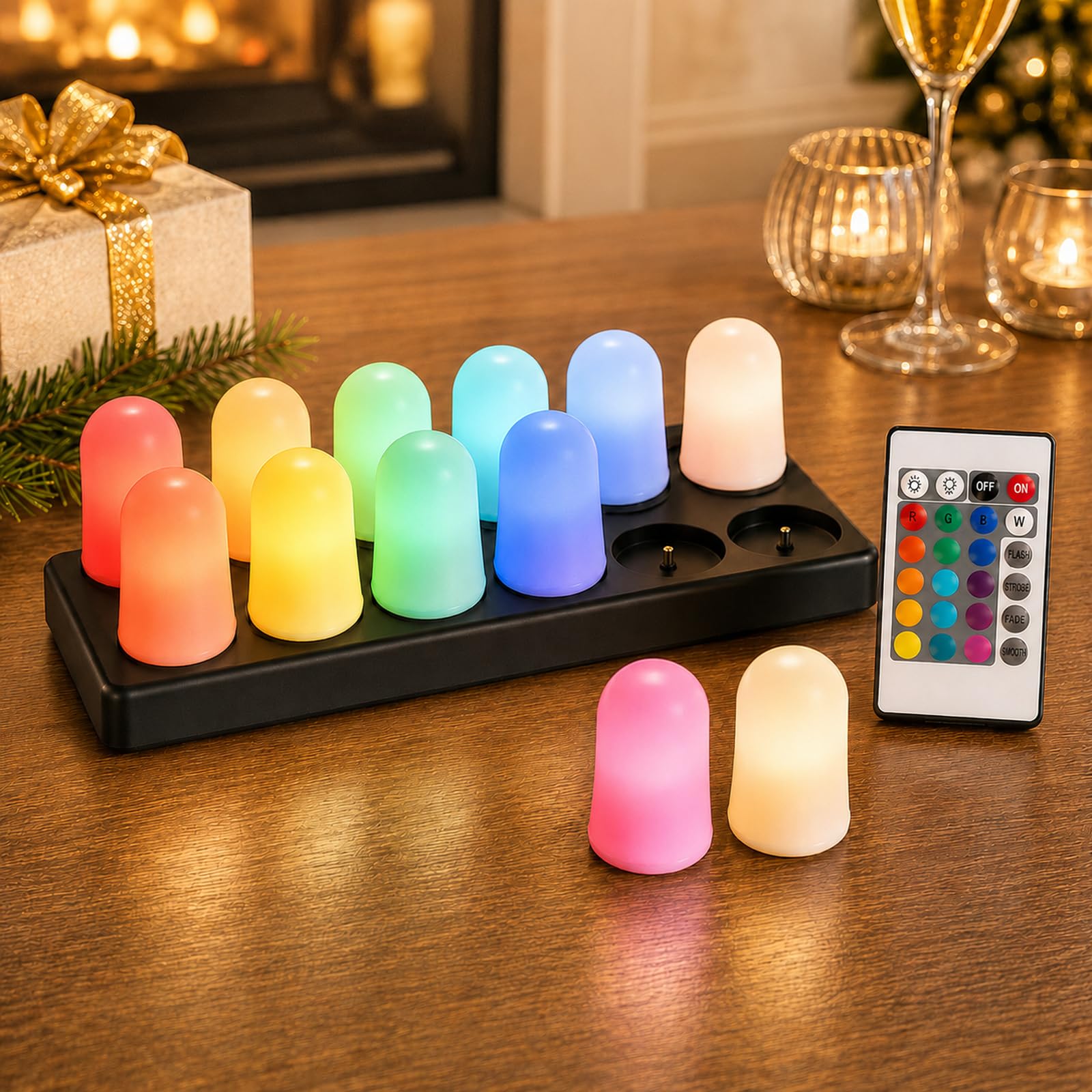 12er LED Teelichter Wiederaufladbar, RGB Elektrische Kerzen mit Ladestation, Fernbedienung &16 Farben, RGB LED-Kerzen Alternative für Party Zimmer Hochzeit Halloween Weihnachten Deko(Regenbogenlicht)