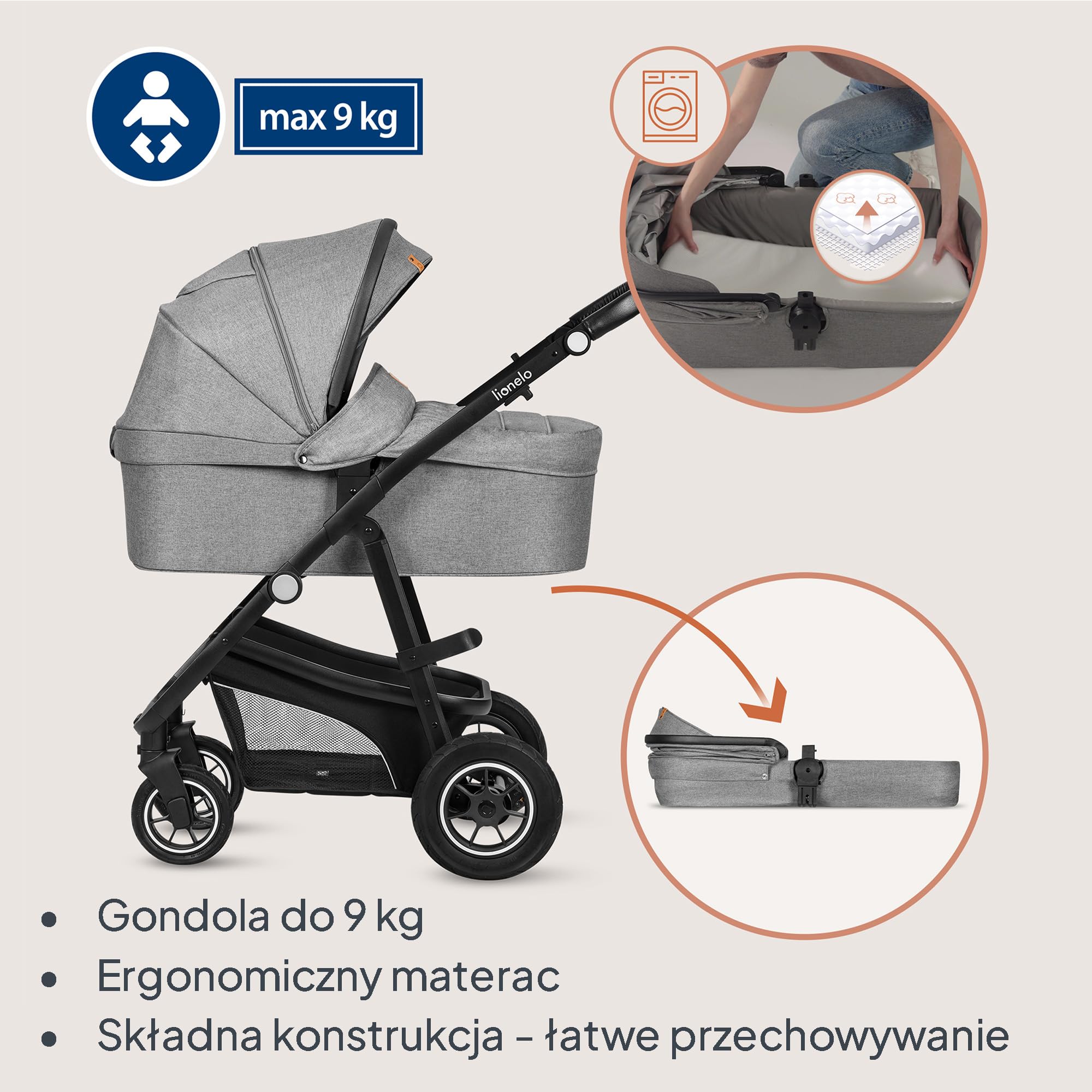 LIONELO BIANKA Wózek Spacerowy Dziecięcy 3 w 1 do 22 kg Gondola Fotelik Samochodowy do 13 kg, Składany, System Podróżny Regulacja Oparcia Koła 360o Amortyzacja, Daszek XXL (Szary) | Składany, system podróżny, regulacja oparcia, koła 360o amortyzator, osło