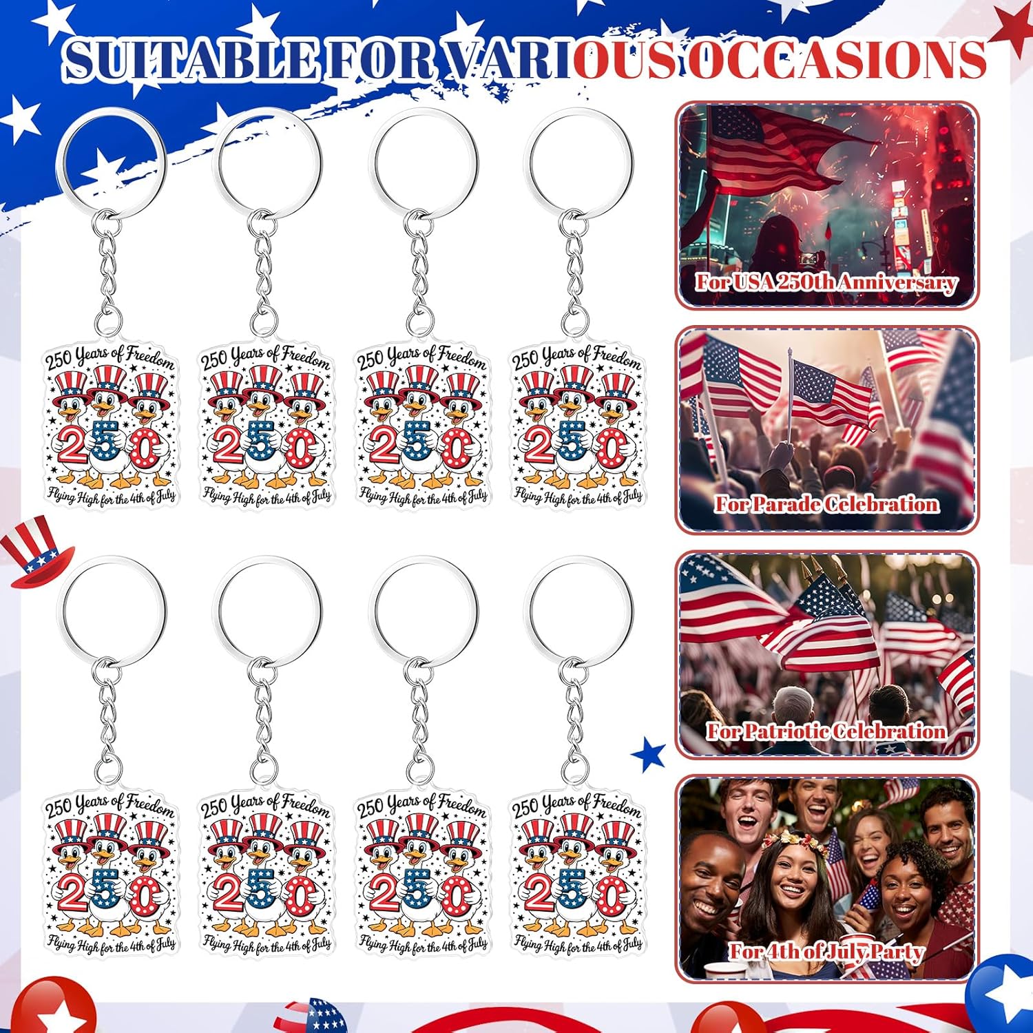 Gerrii 50 Pcs 250th Anniversary Keychains Bulk American 4th of July Acrylic Keyrings Independence Day Patriotic Souvenir Gifts 250 1776-2026 Party Favors for USA Us Citizens Veterans Patriots(Duck)