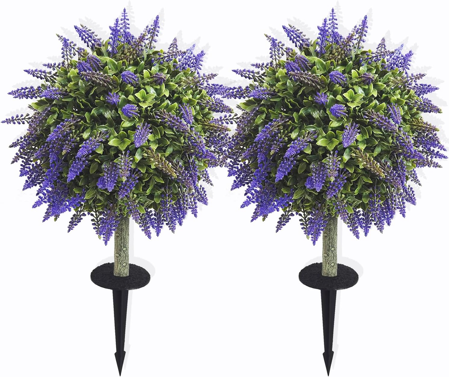 Artificial Boxwood Topiary Ball with Lavender, Set of 2 Artificial Shrub Bushes with Ground Spike, Fake Evergreen Tree for Porch, Artificial Plants for Outdoor Planters Indoor UV Resistant