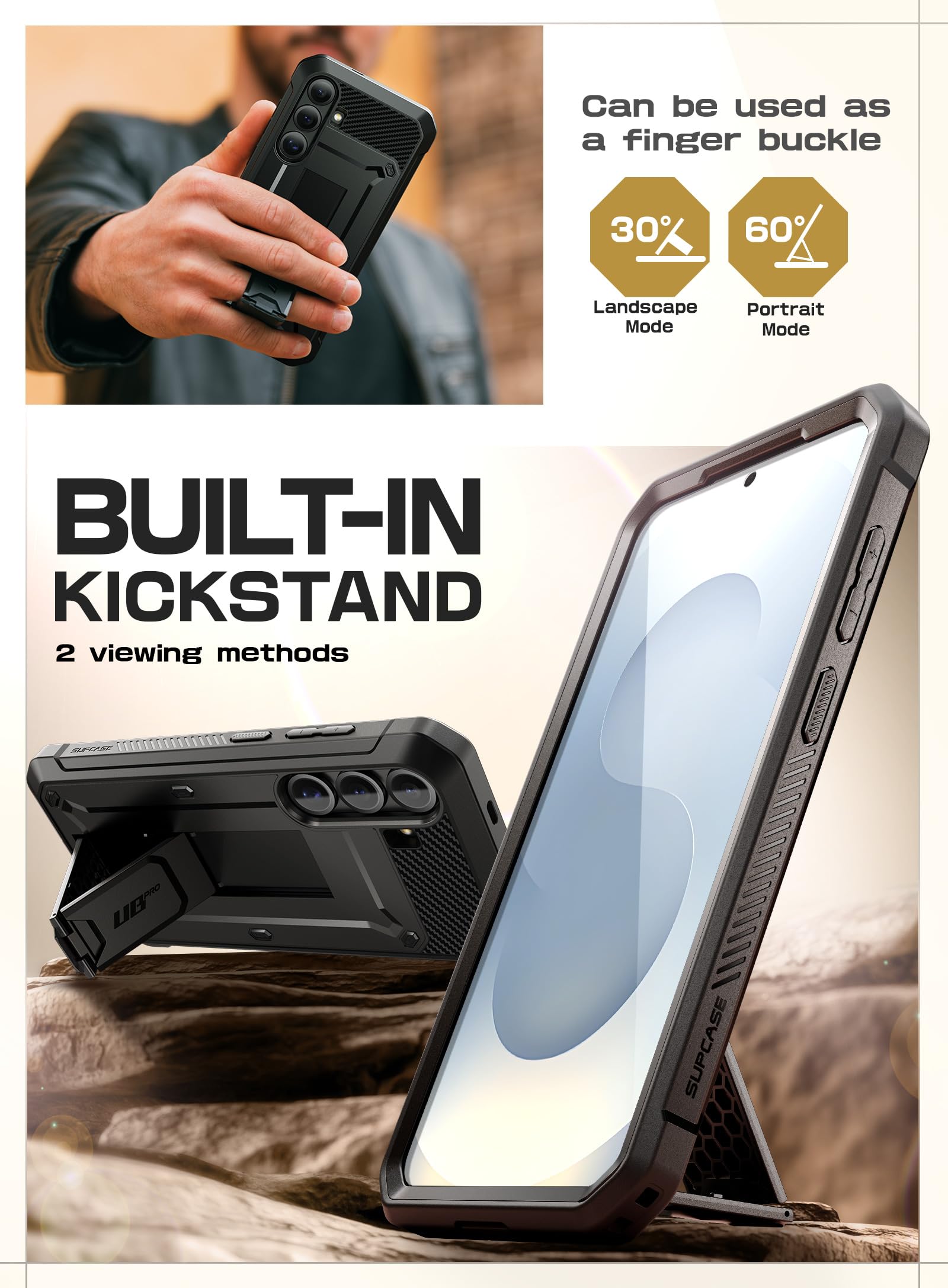 SUPCASE Coque pour Samsung Galaxy S25 avec 2 Protecteurs d’Ecran Avant (sans Film + avec Film) [Protection Robuste Qualité Militaire] avec Support Béquille & Clip Ceinture pour Samsung S25, Noir
