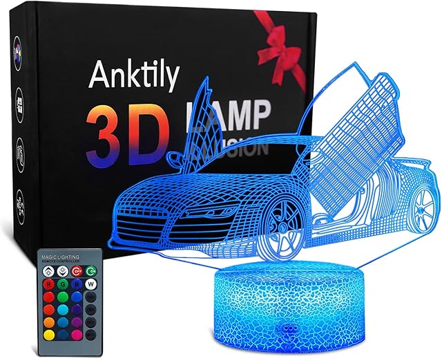 Anktily Racing Car Night Light for Kids, Car Gift for Boys, 3D Optical Illusion Lamp, 16 Colour Changing with Remote Control Bedside Night Lamp, Birthday Gifts for Boys Girls