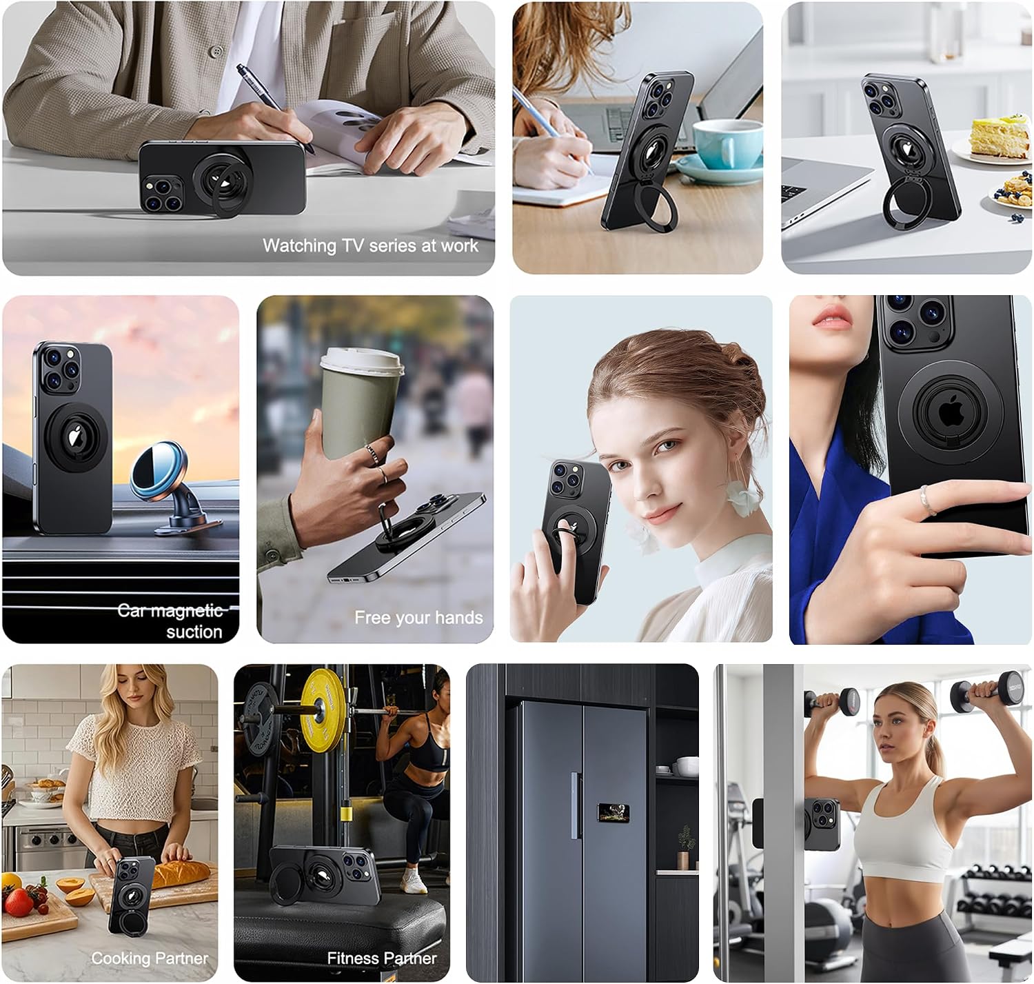 Dual-Sided Magnetic Phone Mount for MagSafe, Ultra-Slim Metal Ring Holder Grip with Kickstand, 2-Way Magnet for Gym & Kitchen, Stick to Any Steel Surface for iPhone 17-12 Pro Max (Matte Black)