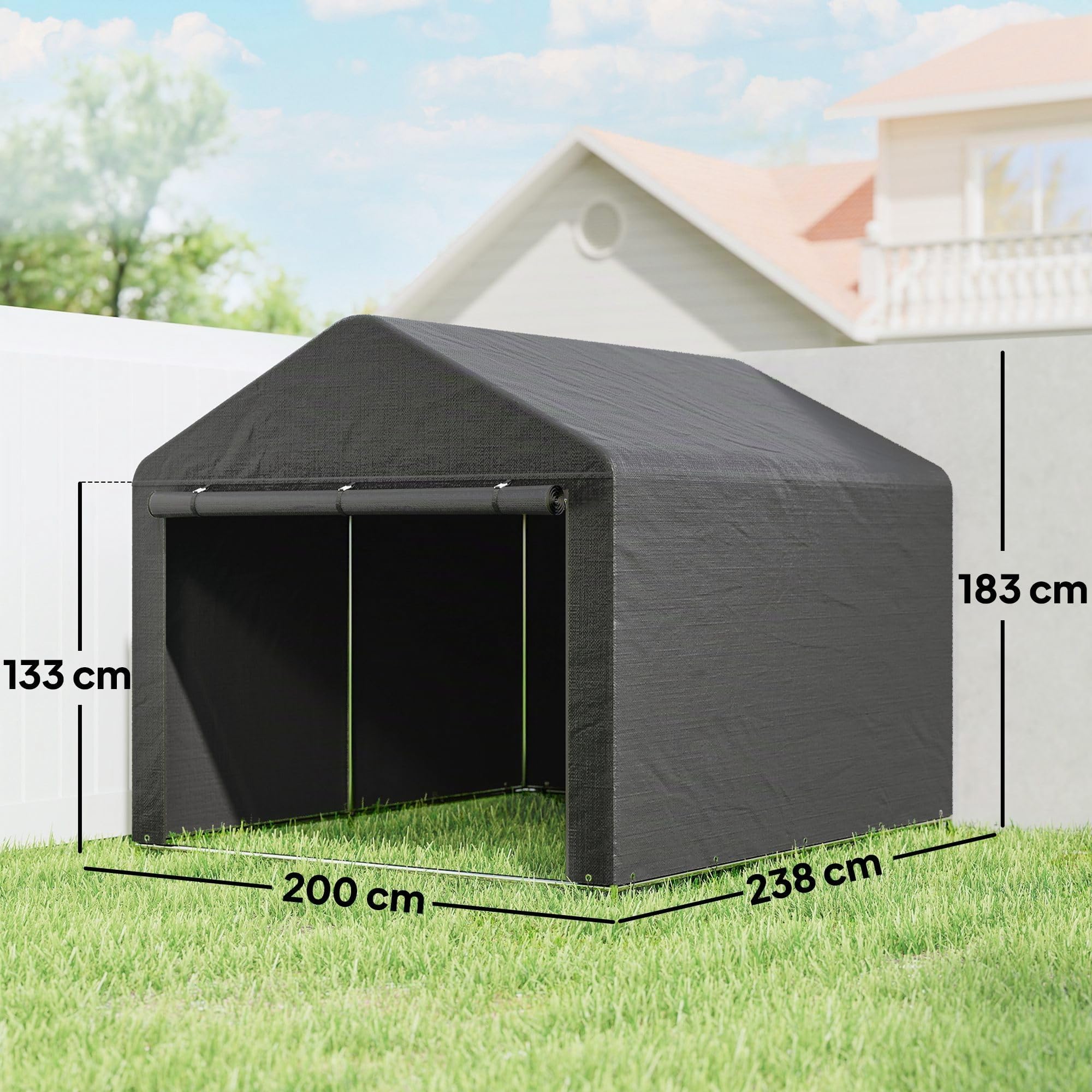 Outsunny 6.6x7.8ft Cobertizo jardín Impermeable Gris Oscuro | Tienda bici, puerta enrollable cremallera, marco metal galvanizado, cobertizo portátil para moto, herramientas