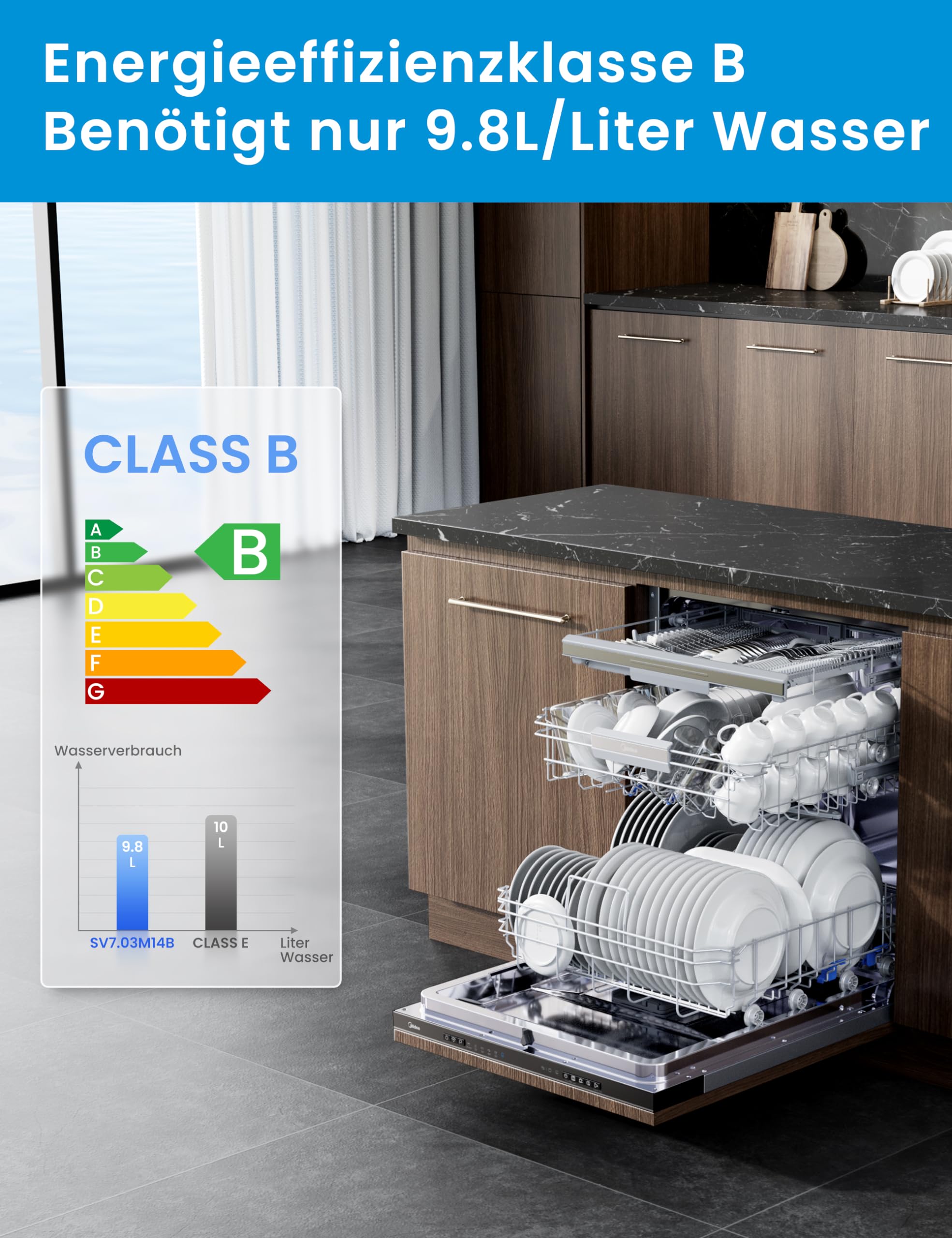 Midea SV 7.03M14B Lave-vaisselle entièrement intégré, 60 cm, 14 compartiments standards, tiroir à couverts, entretien hygiénique, avec WiFi, 7 programmes, 42 dB, Dualzone Wash, séchage supplémentaire