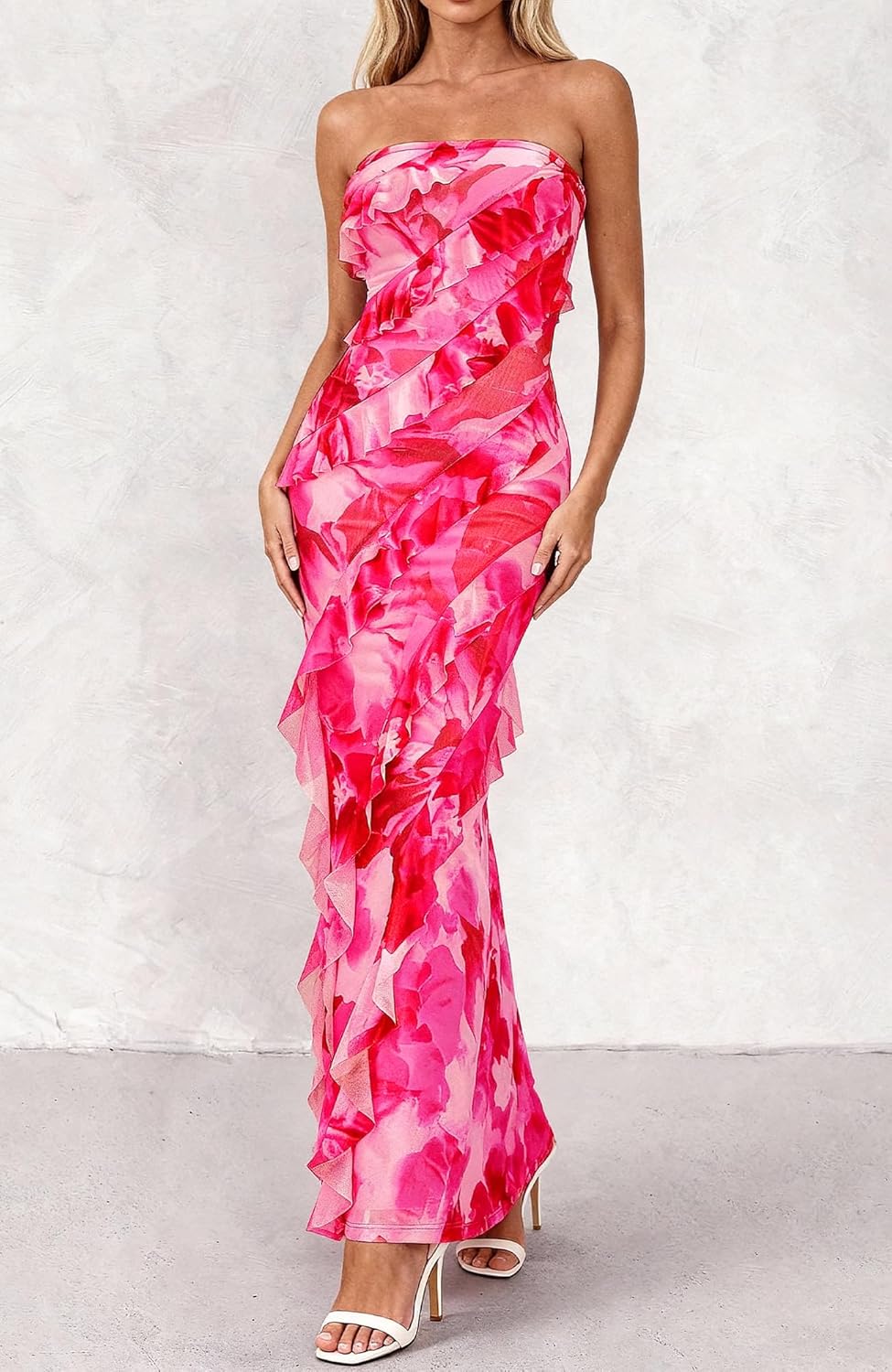 BTFBM Spring Dresses for Women 2026 Strapless Maxi Ruched Bodycon Floral Ruffle Cocktail Formal Wedding Guest Dress - Image 4