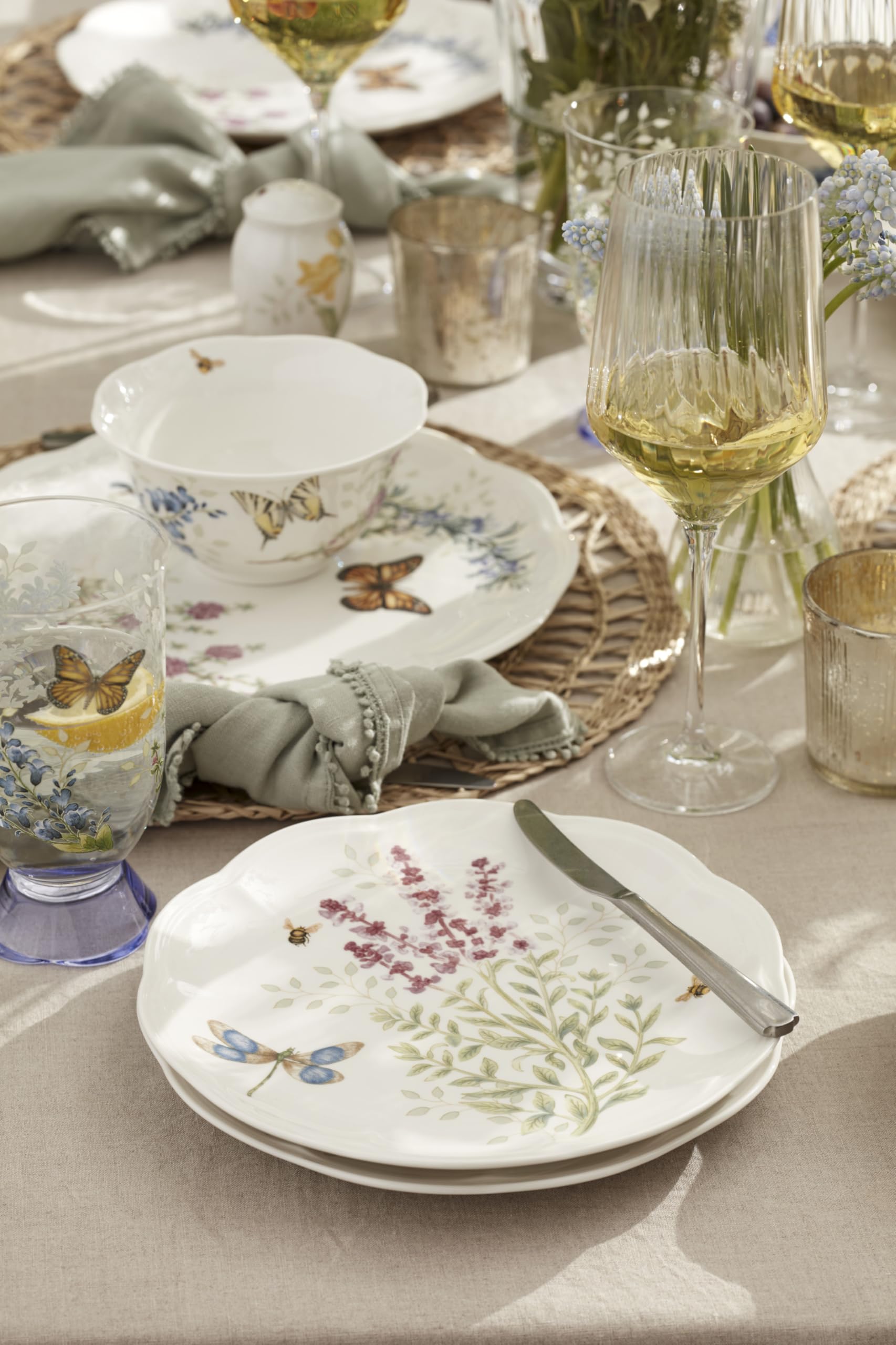 Lenox 897792 Tafelservice Butterfly Meadow Herbs 12-teilig | Keramik, spülmaschinenfest, mikrowellengeeignet | Teller und Schüssel-Sets für Küche und Esszimmer, Geschirrset, Geschirr