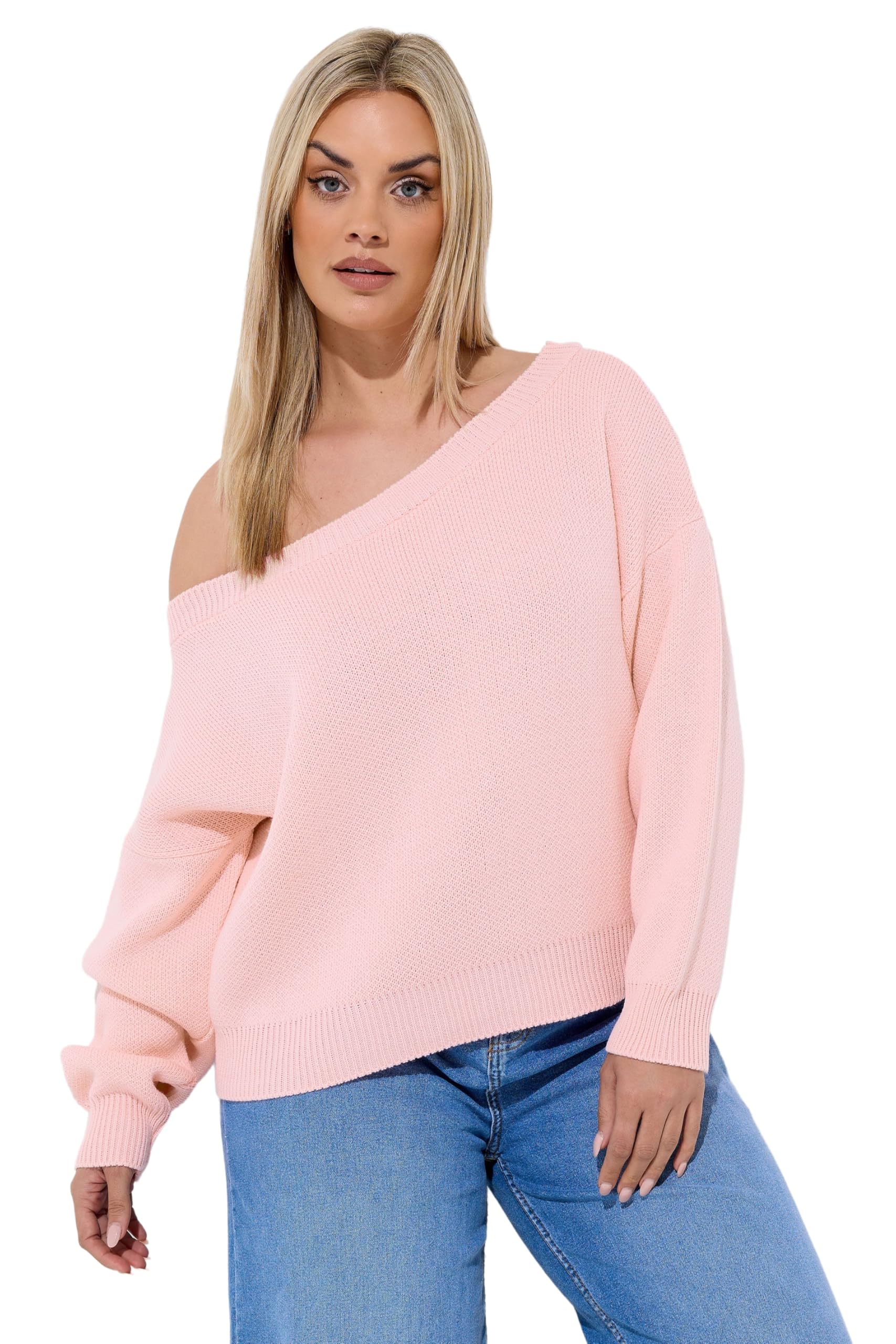 Yours Women's Baby Pink Knitted Off Shoulder Jumper In Size 18-20 Infant